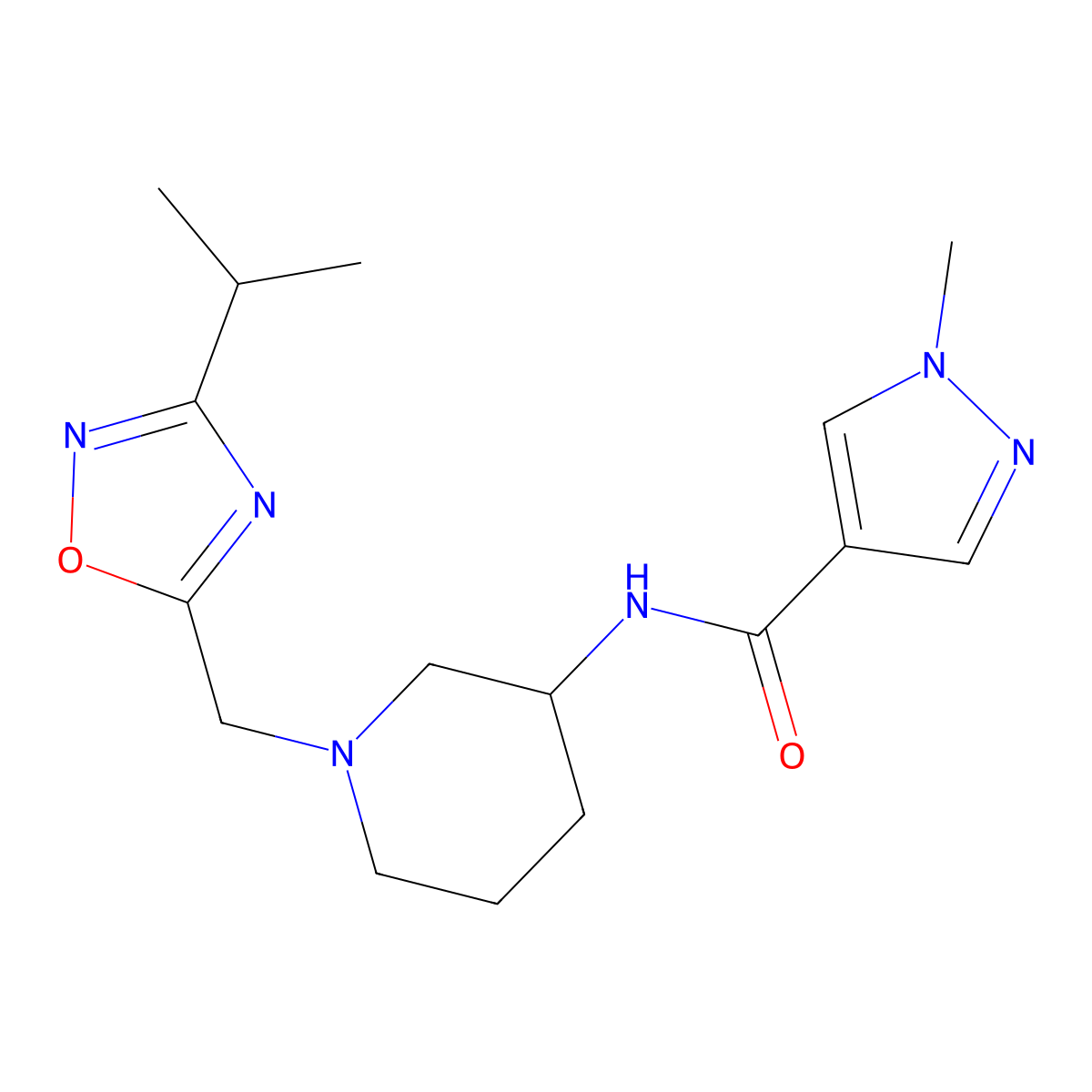 1-methyl-N-(1-{[3-(propan-2-yl)-1,2,4-oxadiazol-5-yl]methyl}piperidin-3-yl)-1H-pyrazole-4-carboxamide molecular structure, CAS 3030808-35-3