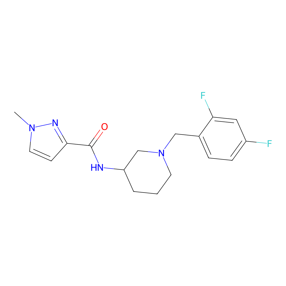 N-{1-[(2,4-difluorophenyl)methyl]piperidin-3-yl}-1-methyl-1H-pyrazole-3-carboxamide molecular structure, CAS 3030808-42-2