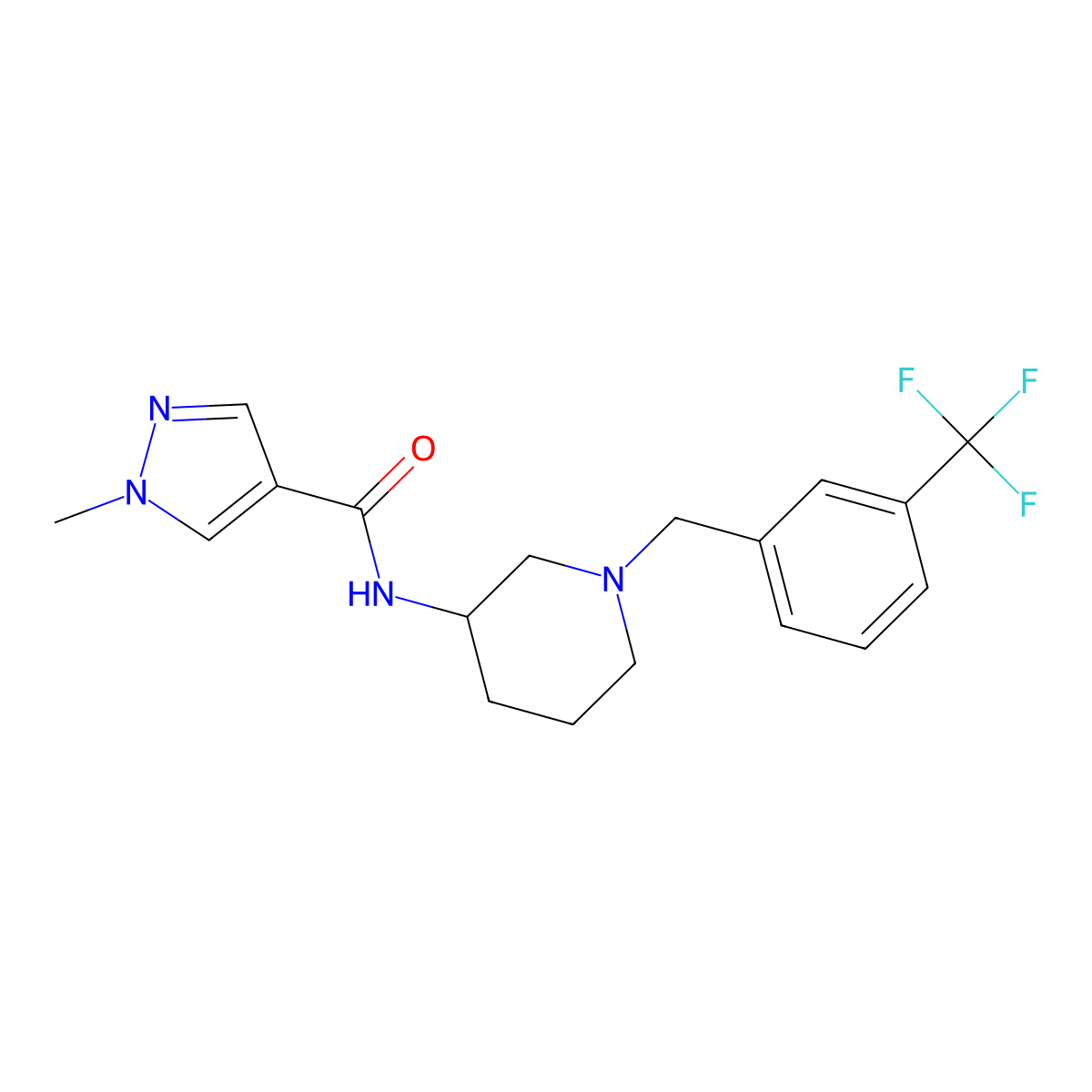 1-methyl-N-(1-{[3-(trifluoromethyl)phenyl]methyl}piperidin-3-yl)-1H-pyrazole-4-carboxamide molecular structure, CAS 3030808-45-5