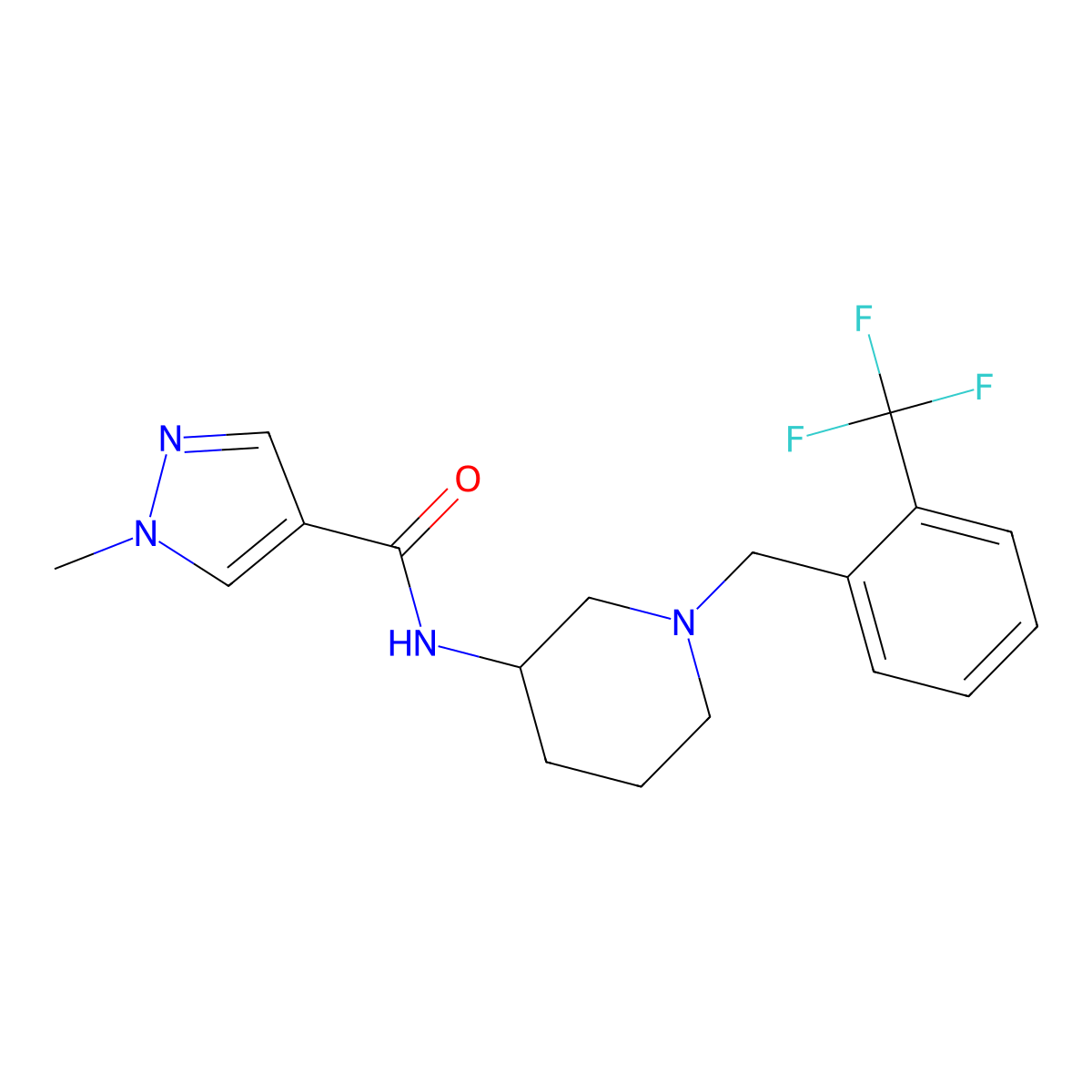1-methyl-N-(1-{[2-(trifluoromethyl)phenyl]methyl}piperidin-3-yl)-1H-pyrazole-4-carboxamide molecular structure, CAS 3030808-49-9