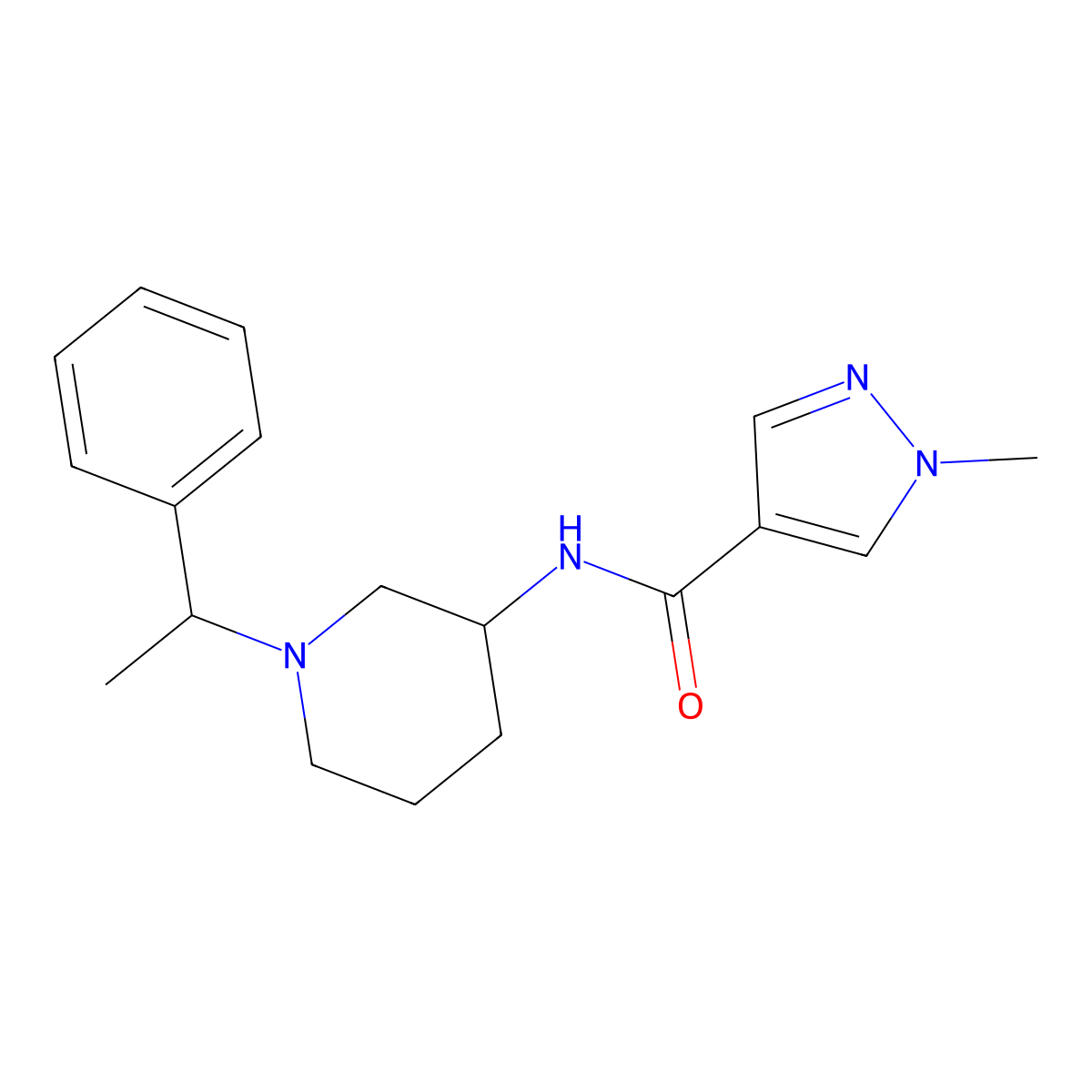 1-methyl-N-[1-(1-phenylethyl)piperidin-3-yl]-1H-pyrazole-4-carboxamide molecular structure, CAS 3030808-53-5