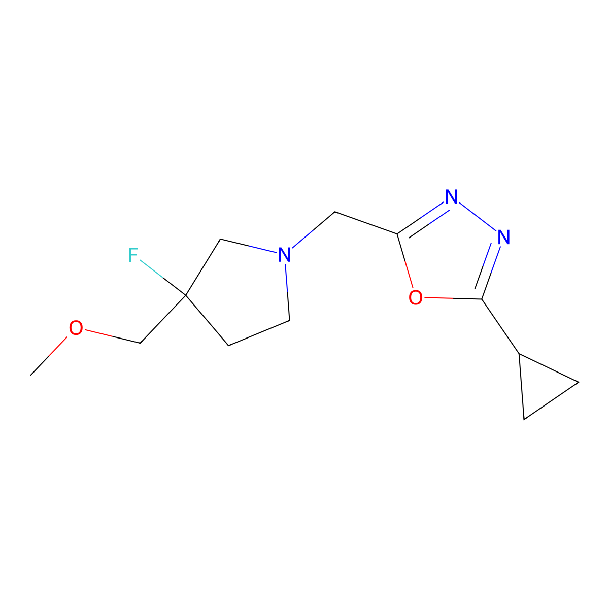 2-Cyclopropyl-5-{[3-fluoro-3-(methoxymethyl)pyrrolidin-1-yl]methyl}-1,3,4-oxadiazole molecular structure, CAS 3030808-55-7