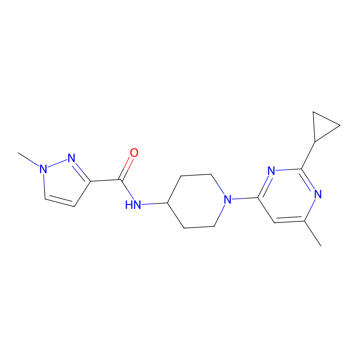 N-[1-(2-cyclopropyl-6-methylpyrimidin-4-yl)piperidin-4-yl]-1-methyl-1H-pyrazole-3-carboxamide molecular structure, CAS 3030808-67-1