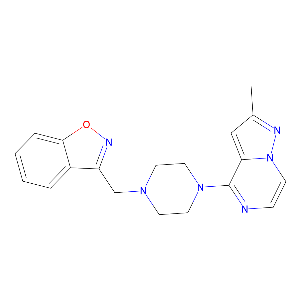 3-[(4-{2-Methylpyrazolo[1,5-a]pyrazin-4-yl}piperazin-1-yl)methyl]-1,2-benzoxazole molecular structure, CAS 3030808-70-6