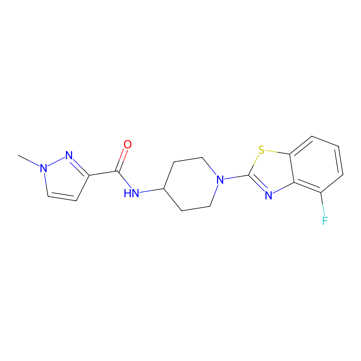 N-[1-(4-fluoro-1,3-benzothiazol-2-yl)piperidin-4-yl]-1-methyl-1H-pyrazole-3-carboxamide molecular structure, CAS 3030808-72-8