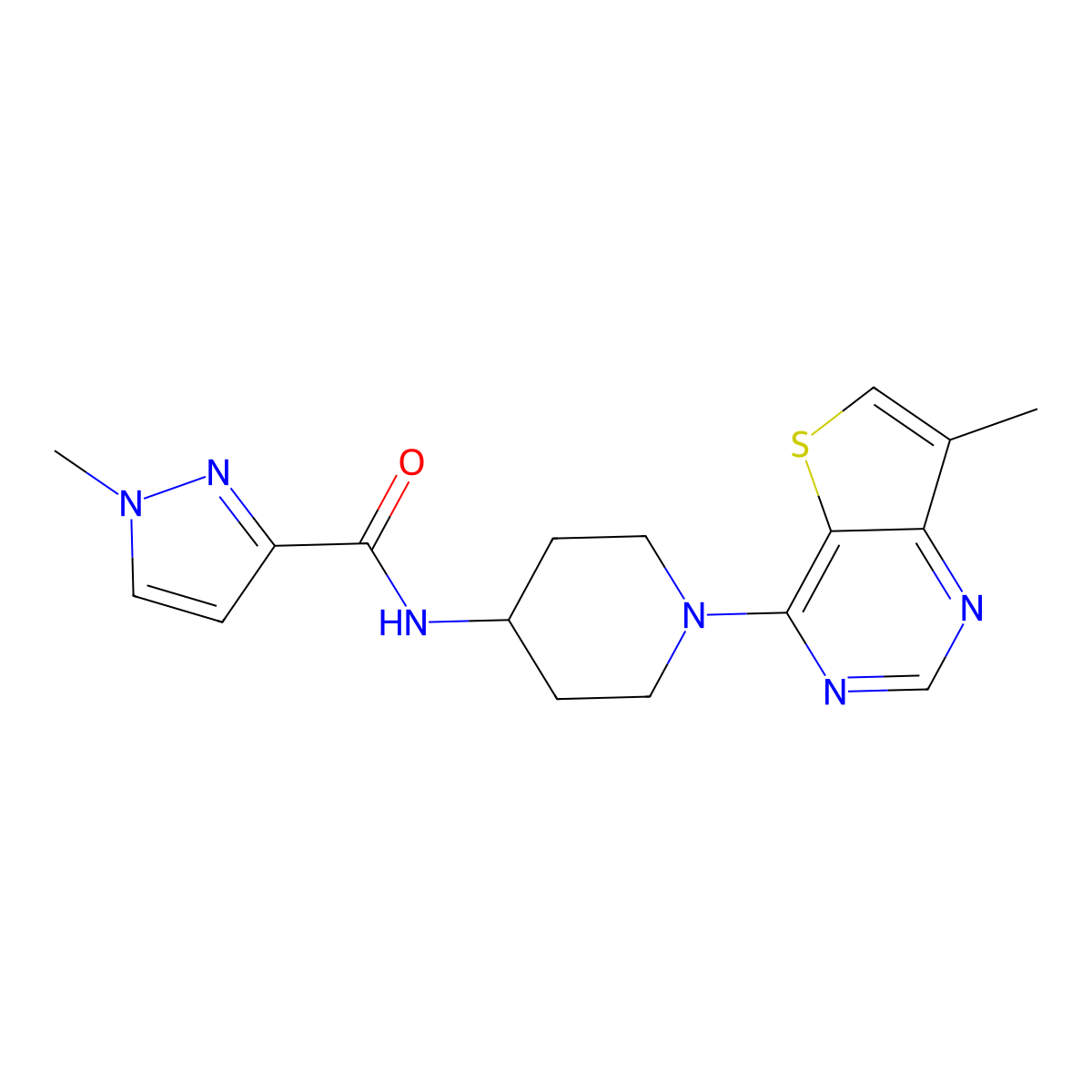 1-methyl-N-(1-{7-methylthieno[3,2-d]pyrimidin-4-yl}piperidin-4-yl)-1H-pyrazole-3-carboxamide molecular structure, CAS 3030808-73-9