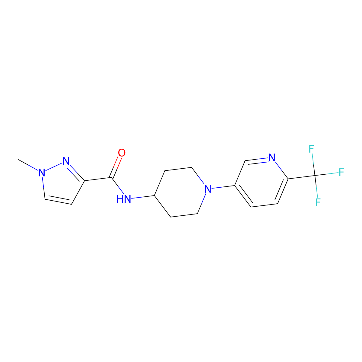 1-methyl-N-{1-[6-(trifluoromethyl)pyridin-3-yl]piperidin-4-yl}-1H-pyrazole-3-carboxamide molecular structure, CAS 3030808-77-3