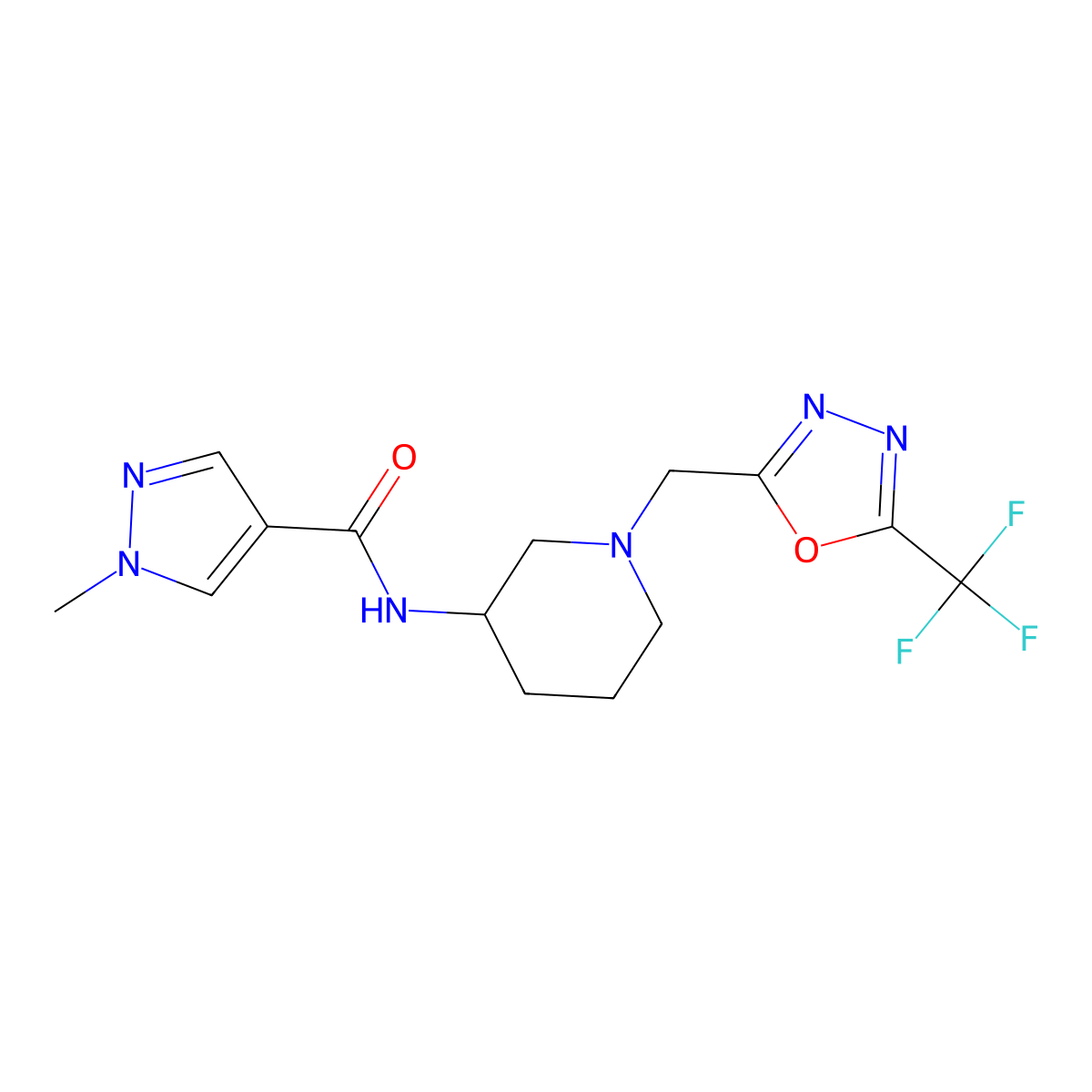 1-methyl-N-(1-{[5-(trifluoromethyl)-1,3,4-oxadiazol-2-yl]methyl}piperidin-3-yl)-1H-pyrazole-4-carboxamide molecular structure, CAS 3030808-81-9