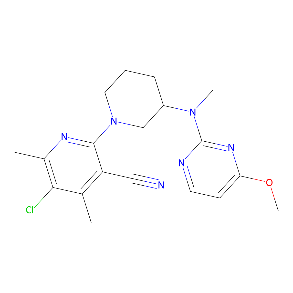 5-Chloro-2-{3-[(4-methoxypyrimidin-2-yl)(methyl)amino]piperidin-1-yl}-4,6-dimethylpyridine-3-carbonitrile molecular structure, CAS 3030808-82-0