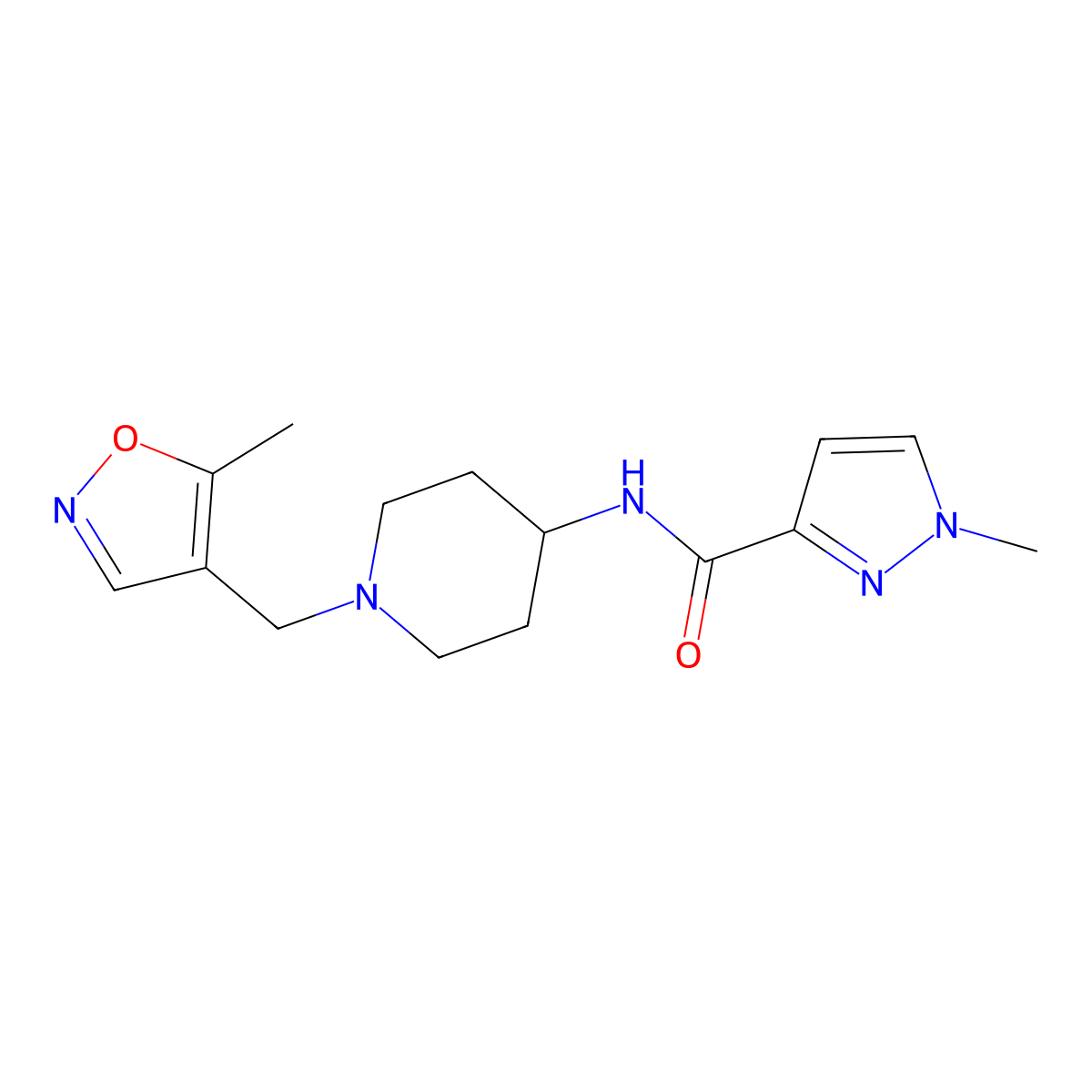 1-methyl-N-{1-[(5-methyl-1,2-oxazol-4-yl)methyl]piperidin-4-yl}-1H-pyrazole-3-carboxamide molecular structure, CAS 3030808-89-7