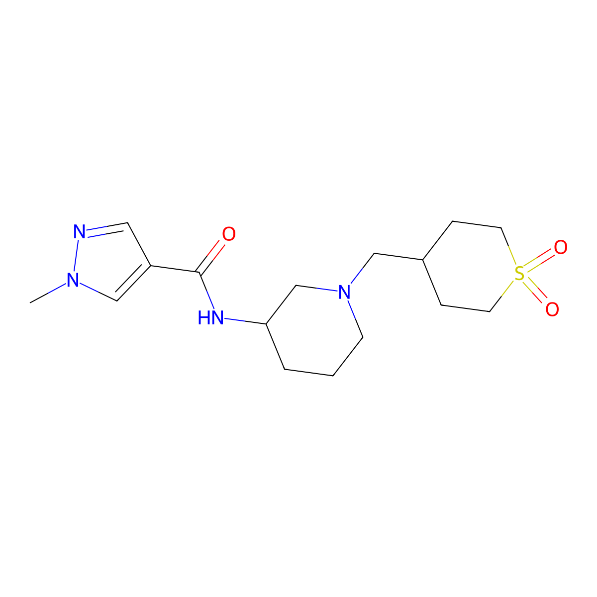 N-{1-[(1,1-dioxo-1lambda-thian-4-yl)methyl]piperidin-3-yl}-1-methyl-1H-pyrazole-4-carboxamide molecular structure, CAS 3030808-91-1