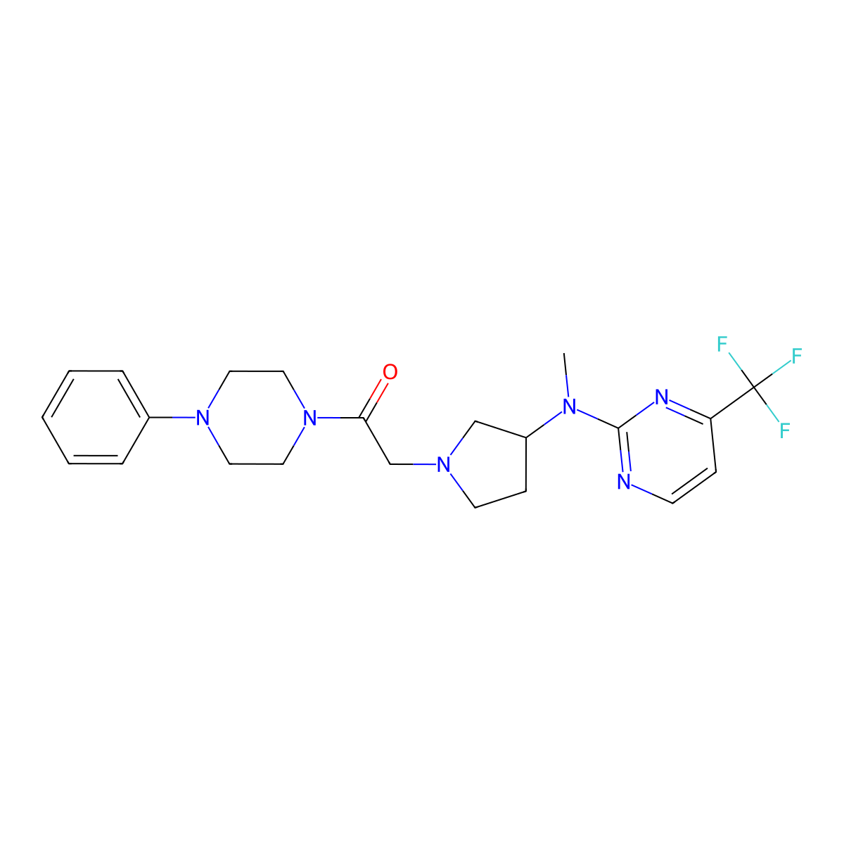 2-(3-{Methyl[4-(trifluoromethyl)pyrimidin-2-yl]amino}pyrrolidin-1-yl)-1-(4-phenylpiperazin-1-yl)ethan-1-one molecular structure, CAS 3030809-21-0