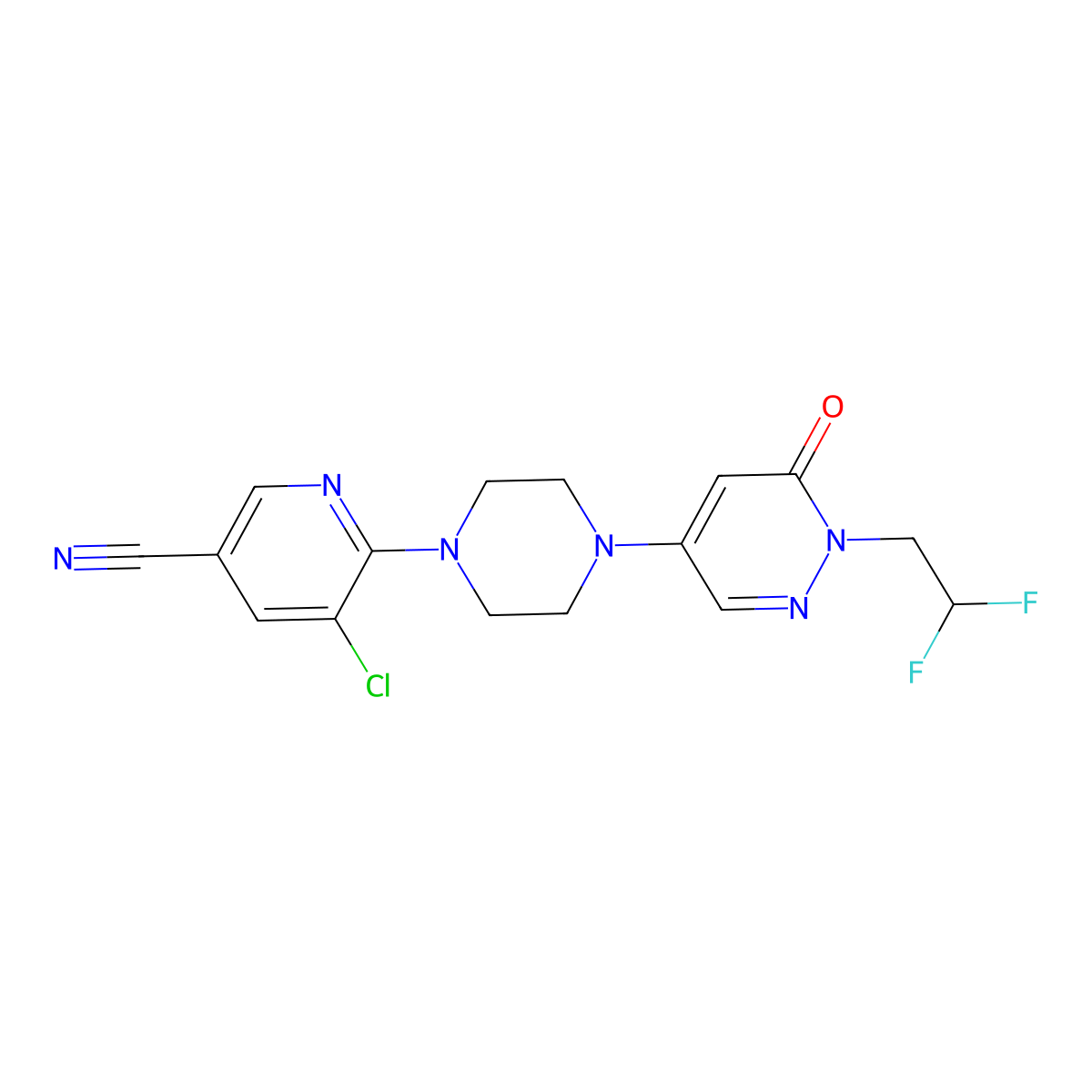 5-Chloro-6-{4-[1-(2,2-difluoroethyl)-6-oxo-1,6-dihydropyridazin-4-yl]piperazin-1-yl}pyridine-3-carbonitrile molecular structure, CAS 3030809-27-6