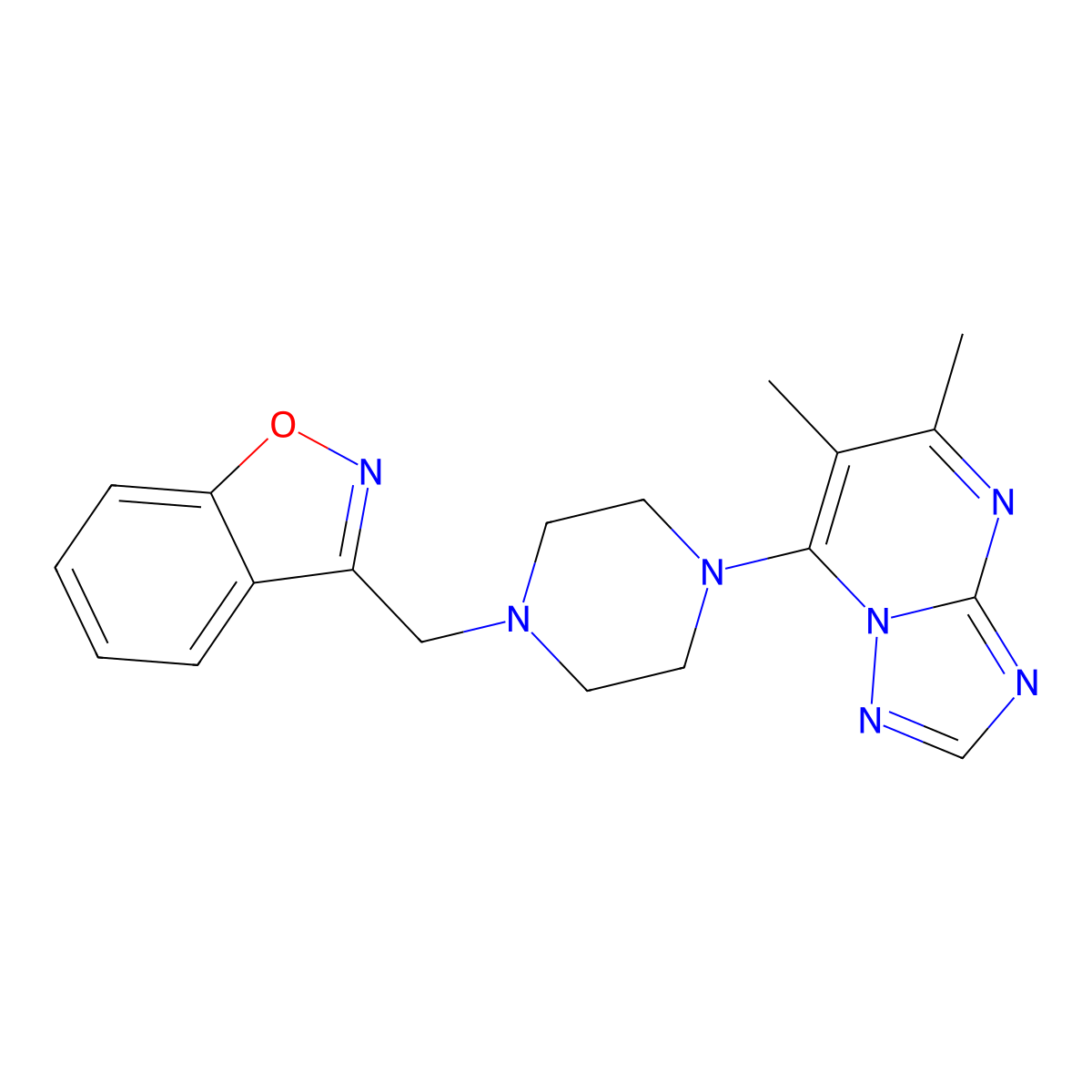 3-[(4-{5,6-Dimethyl-[1,2,4]triazolo[1,5-a]pyrimidin-7-yl}piperazin-1-yl)methyl]-1,2-benzoxazole molecular structure, CAS 3030809-28-7