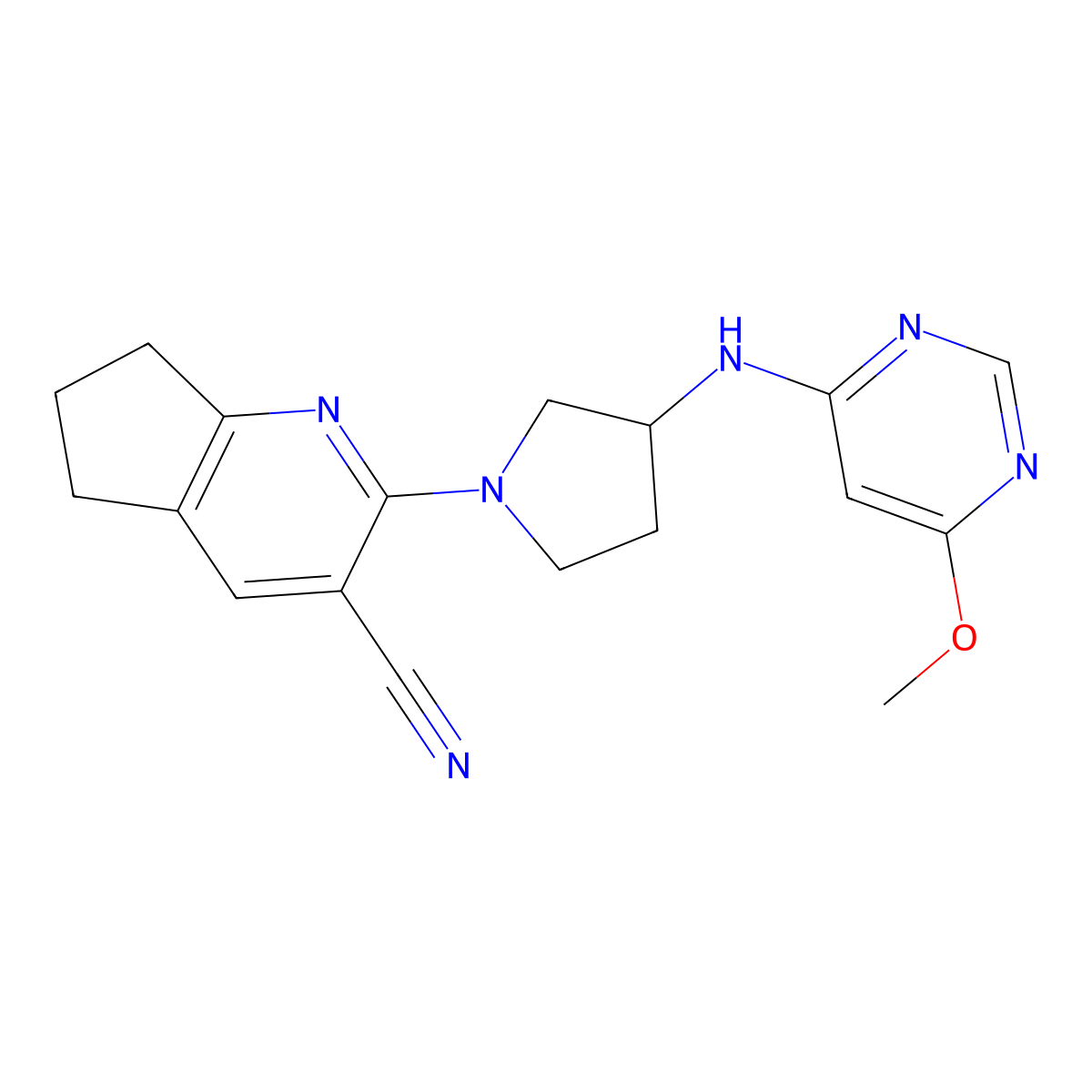2-{3-[(6-methoxypyrimidin-4-yl)amino]pyrrolidin-1-yl}-5H,6H,7H-cyclopenta[b]pyridine-3-carbonitrile molecular structure, CAS 3030809-42-5