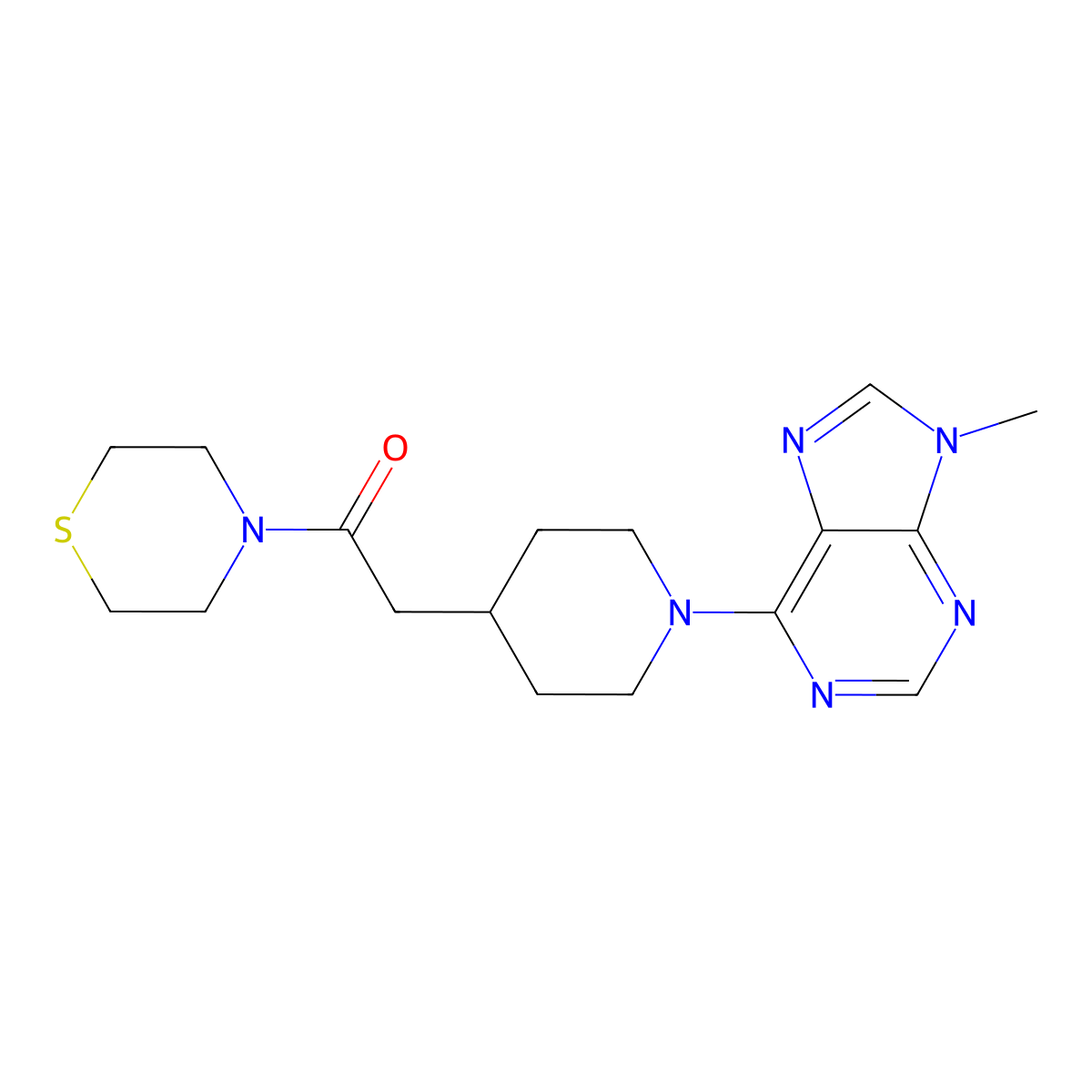 2-[1-(9-methyl-9H-purin-6-yl)piperidin-4-yl]-1-(thiomorpholin-4-yl)ethan-1-one molecular structure, CAS 3030809-48-1