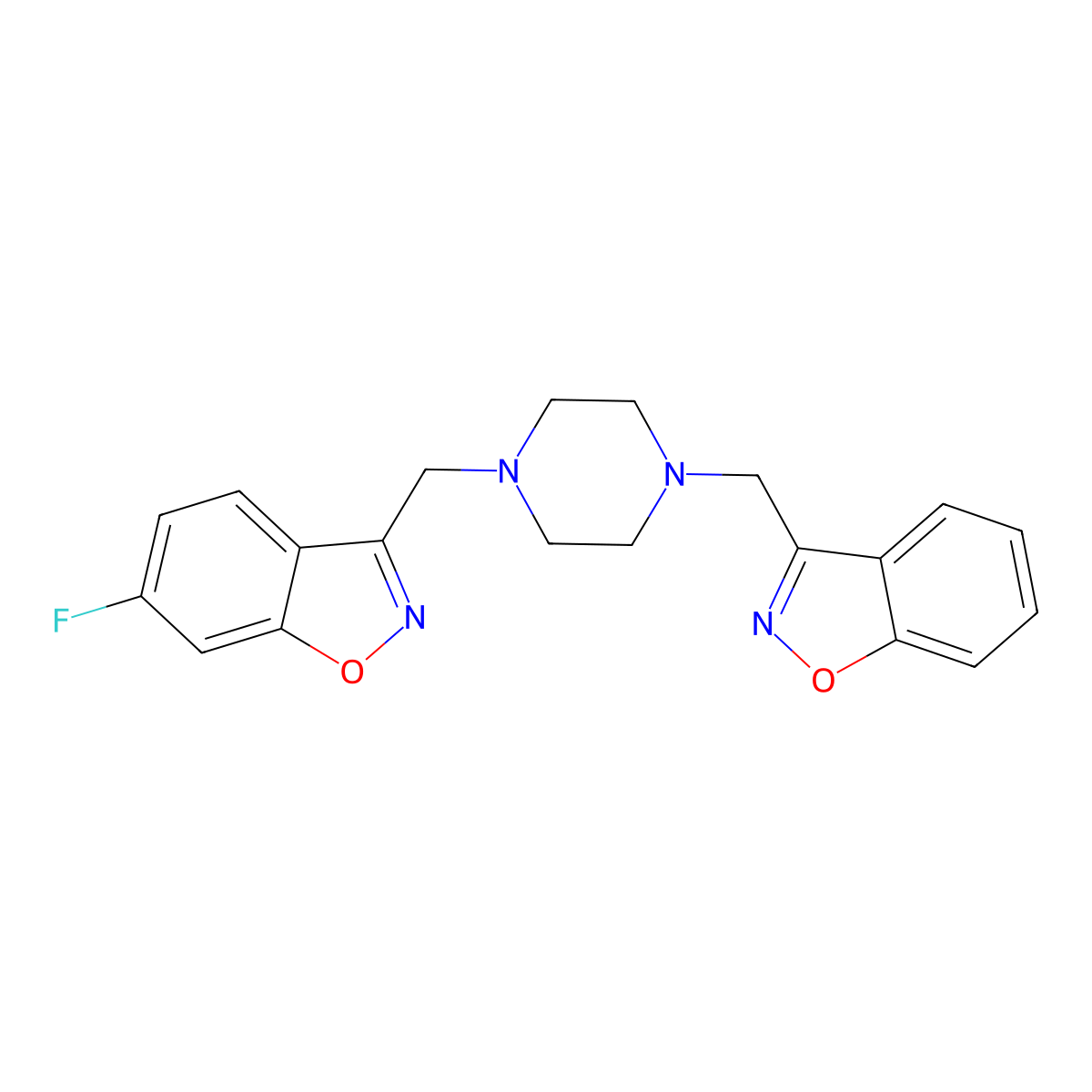 3-({4-[(1,2-Benzoxazol-3-yl)methyl]piperazin-1-yl}methyl)-6-fluoro-1,2-benzoxazole molecular structure, CAS 3030809-49-2
