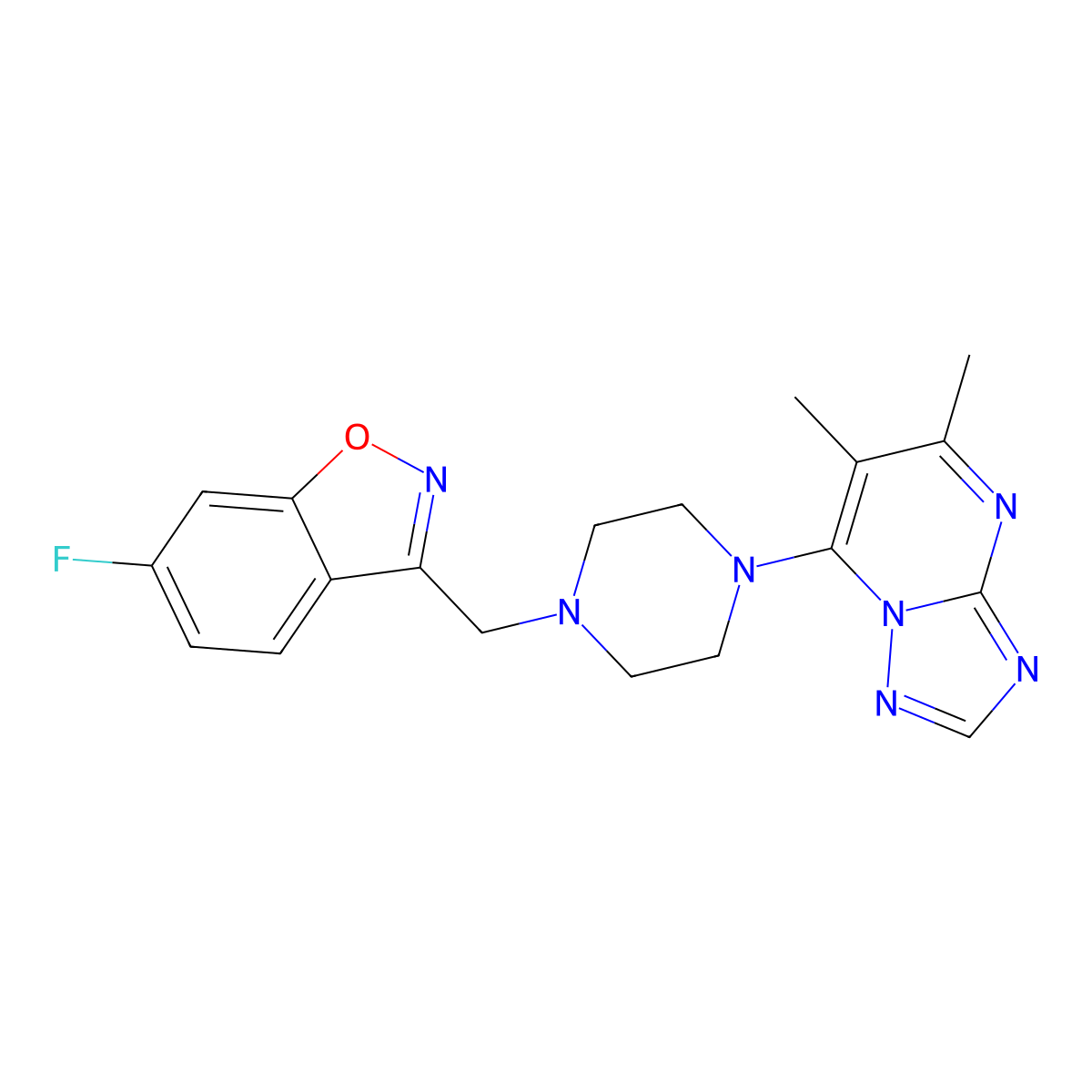 3-[(4-{5,6-Dimethyl-[1,2,4]triazolo[1,5-a]pyrimidin-7-yl}piperazin-1-yl)methyl]-6-fluoro-1,2-benzoxazole molecular structure, CAS 3030809-55-0