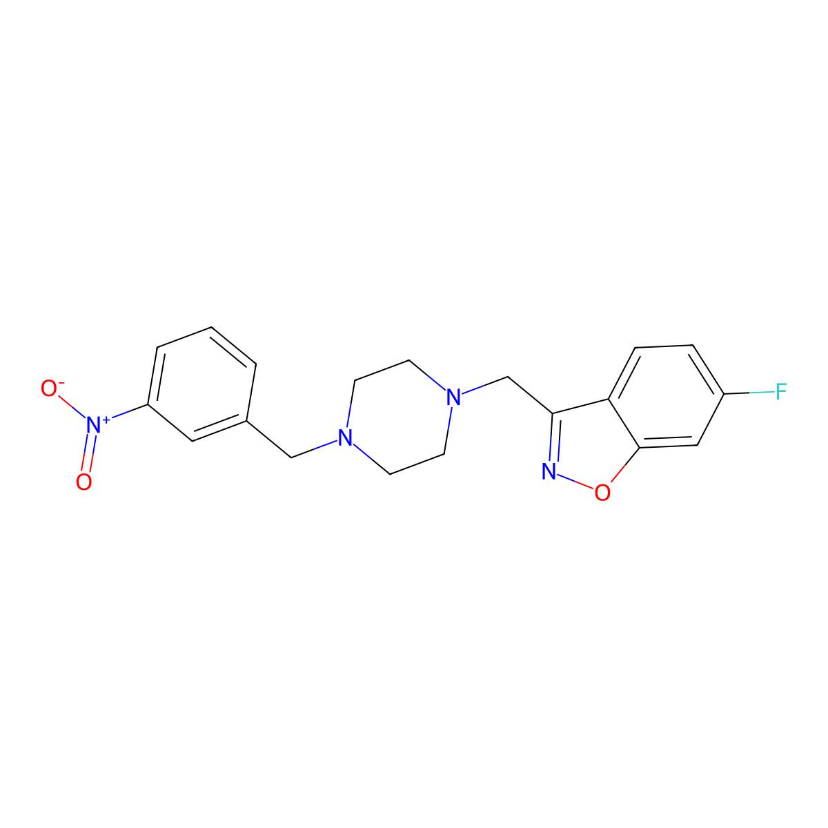 6-Fluoro-3-({4-[(3-nitrophenyl)methyl]piperazin-1-yl}methyl)-1,2-benzoxazole molecular structure, CAS 3030809-58-3