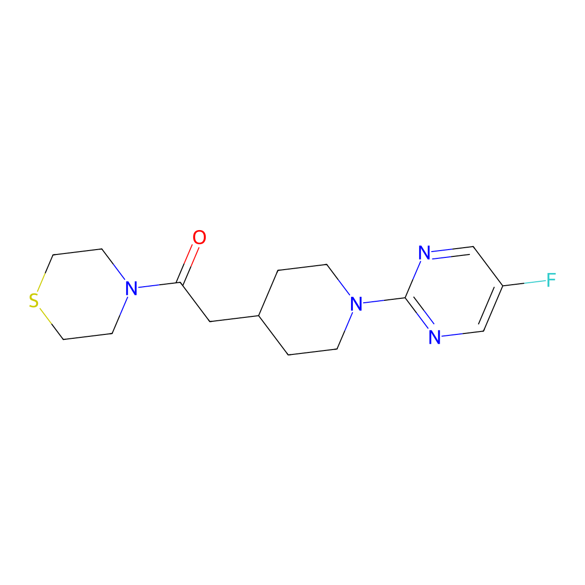 2-[1-(5-Fluoropyrimidin-2-yl)piperidin-4-yl]-1-(thiomorpholin-4-yl)ethan-1-one molecular structure, CAS 3030809-59-4