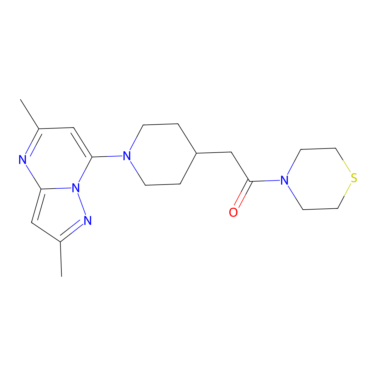 2-(1-{2,5-Dimethylpyrazolo[1,5-a]pyrimidin-7-yl}piperidin-4-yl)-1-(thiomorpholin-4-yl)ethan-1-one molecular structure, CAS 3030809-68-5