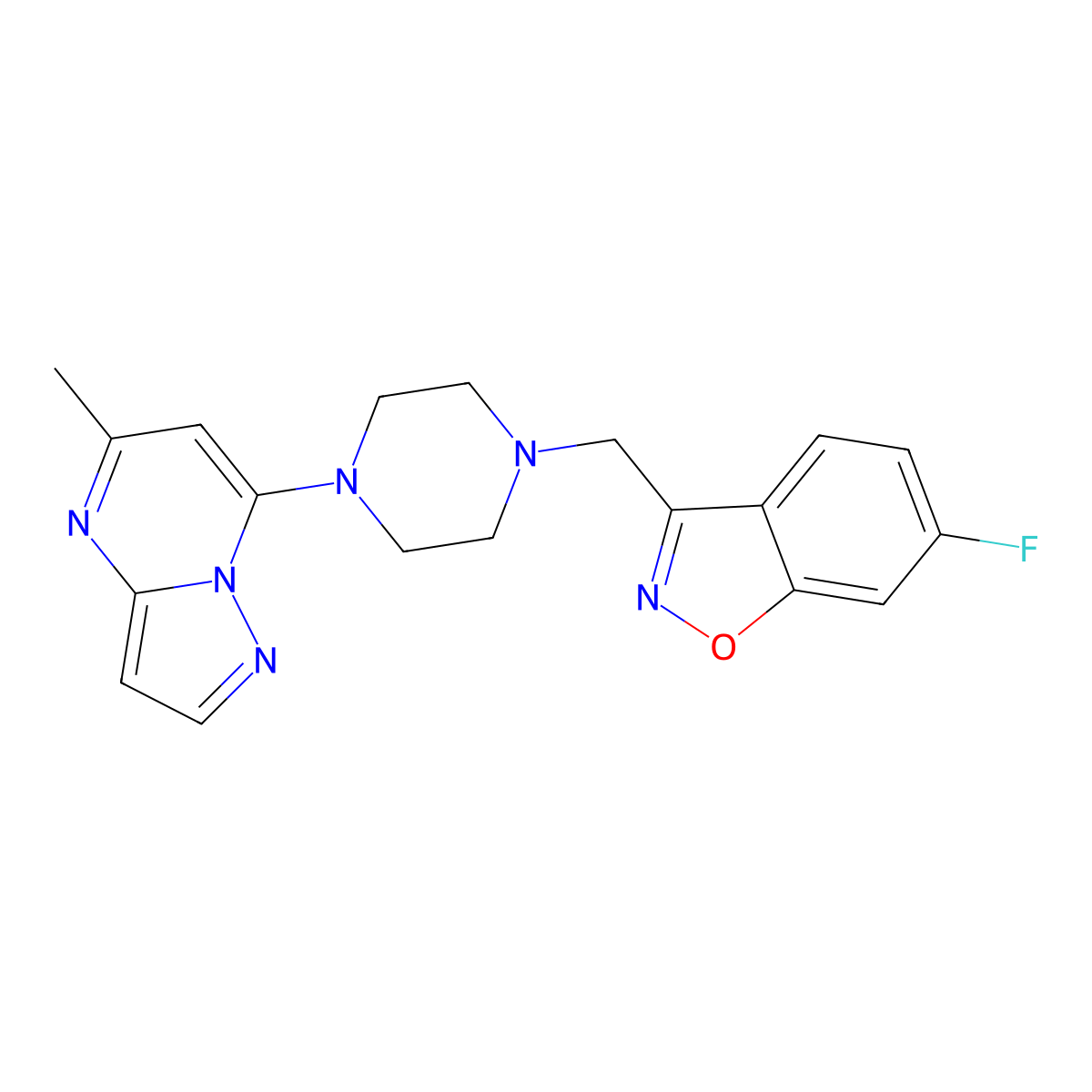 6-Fluoro-3-[[4-(5-methylpyrazolo[1,5-a]pyrimidin-7-yl)piperazin-1-yl]methyl]-1,2-benzoxazole molecular structure, CAS 3030809-72-1