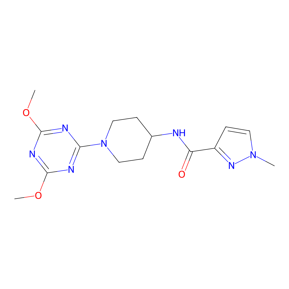 N-[1-(4,6-dimethoxy-1,3,5-triazin-2-yl)piperidin-4-yl]-1-methyl-1H-pyrazole-3-carboxamide molecular structure, CAS 3030810-12-6