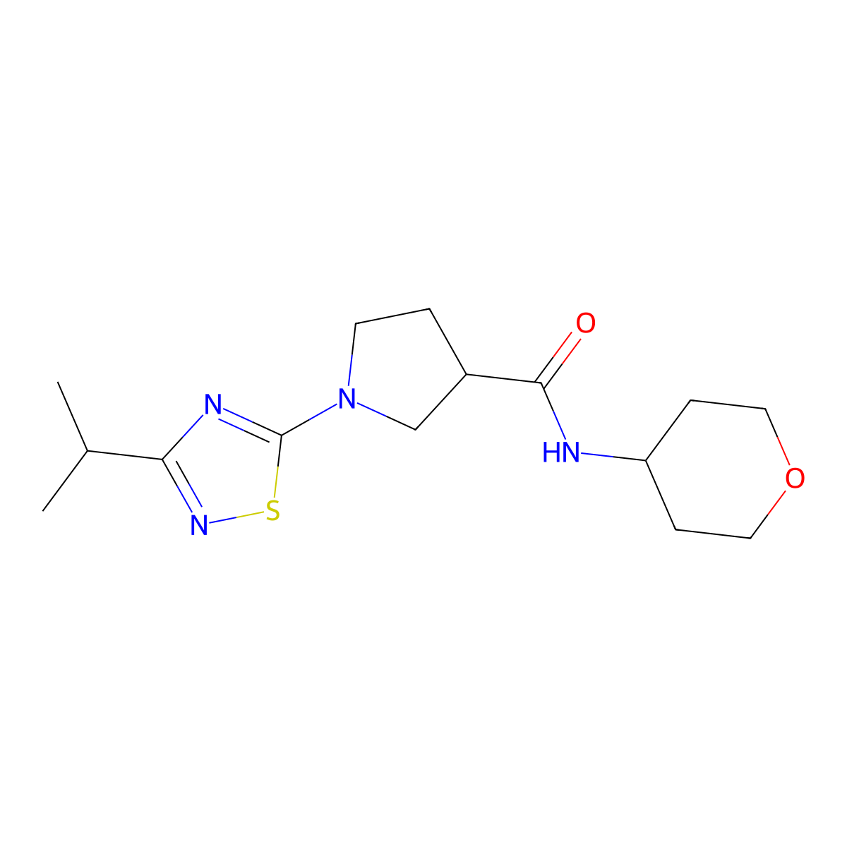 N-(oxan-4-yl)-1-[3-(propan-2-yl)-1,2,4-thiadiazol-5-yl]pyrrolidine-3-carboxamide molecular structure, CAS 3030810-26-2