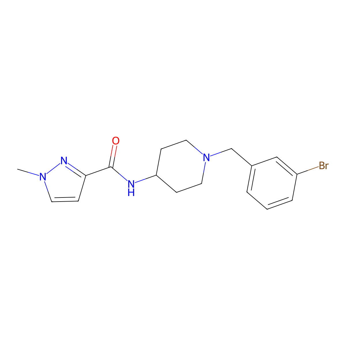 N-{1-[(3-bromophenyl)methyl]piperidin-4-yl}-1-methyl-1H-pyrazole-3-carboxamide molecular structure, CAS 3030810-43-3