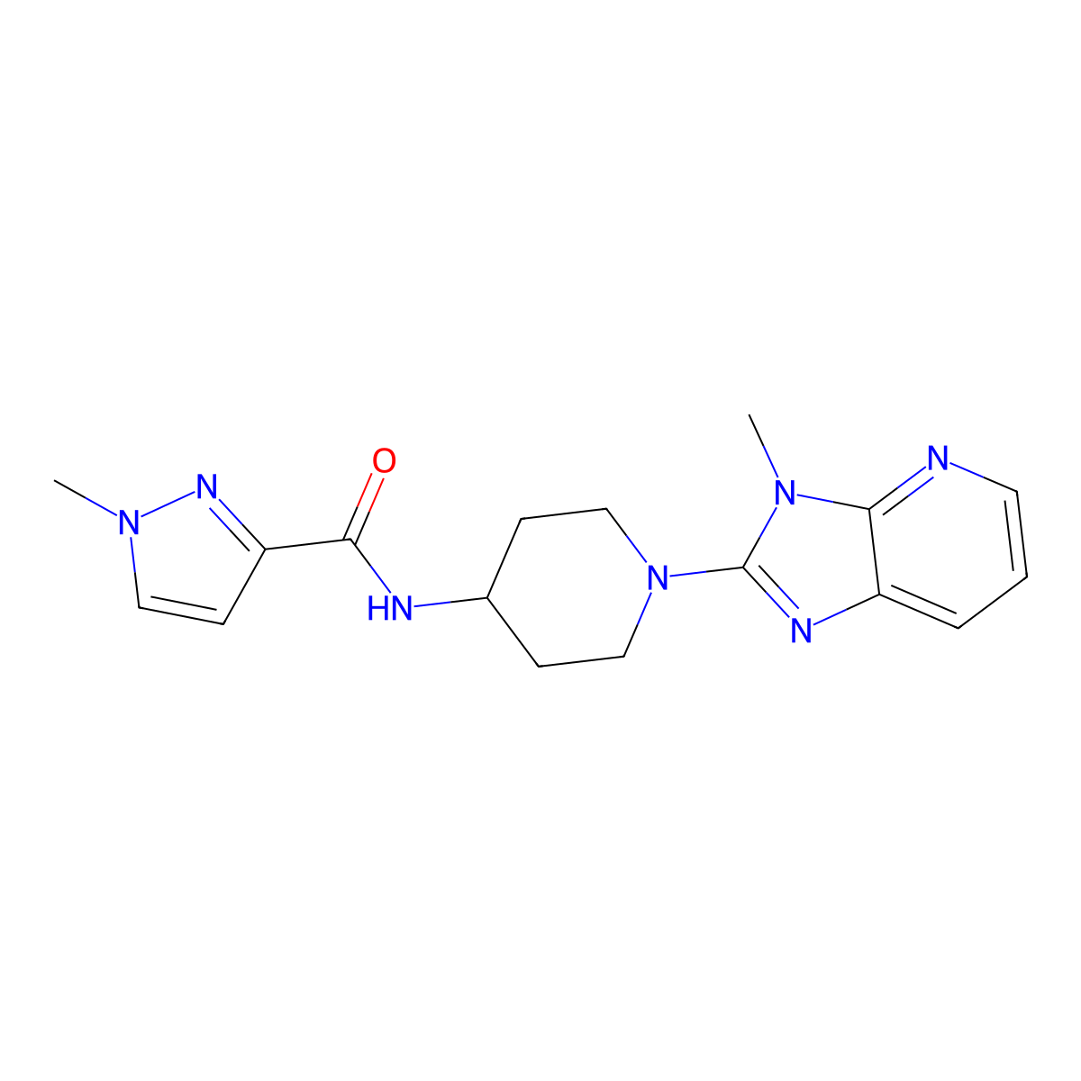 1-methyl-N-(1-{3-methyl-3H-imidazo[4,5-b]pyridin-2-yl}piperidin-4-yl)-1H-pyrazole-3-carboxamide molecular structure, CAS 3030810-70-6