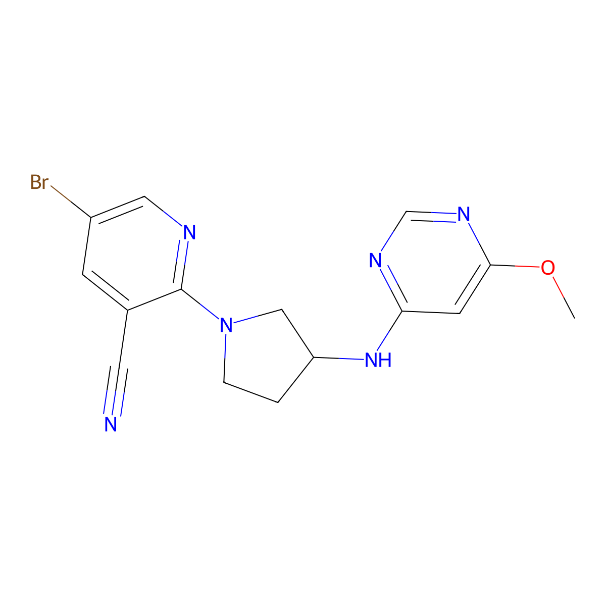 5-Bromo-2-{3-[(6-methoxypyrimidin-4-yl)amino]pyrrolidin-1-yl}pyridine-3-carbonitrile molecular structure, CAS 3030810-76-2