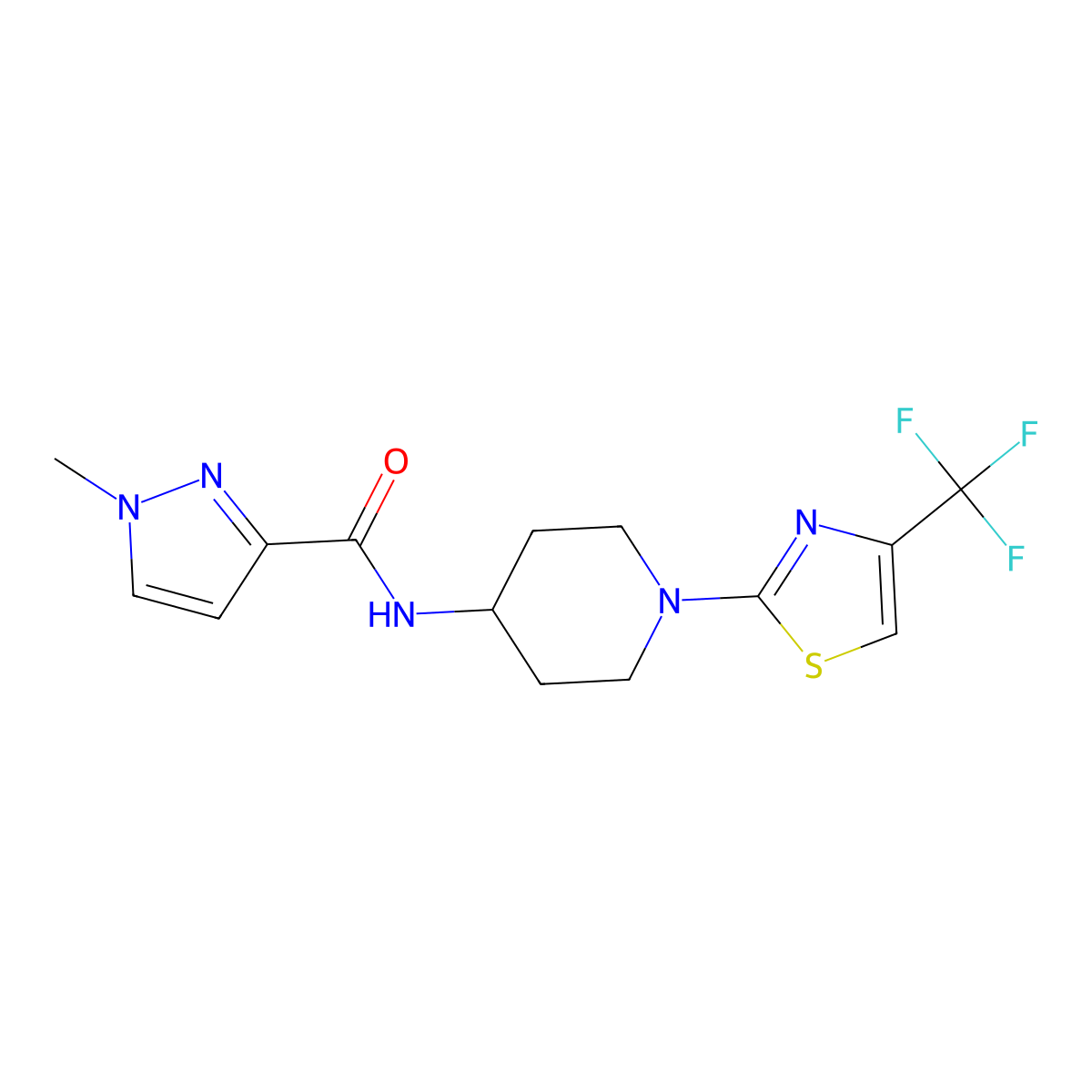 1-methyl-N-{1-[4-(trifluoromethyl)-1,3-thiazol-2-yl]piperidin-4-yl}-1H-pyrazole-3-carboxamide molecular structure, CAS 3030810-91-1