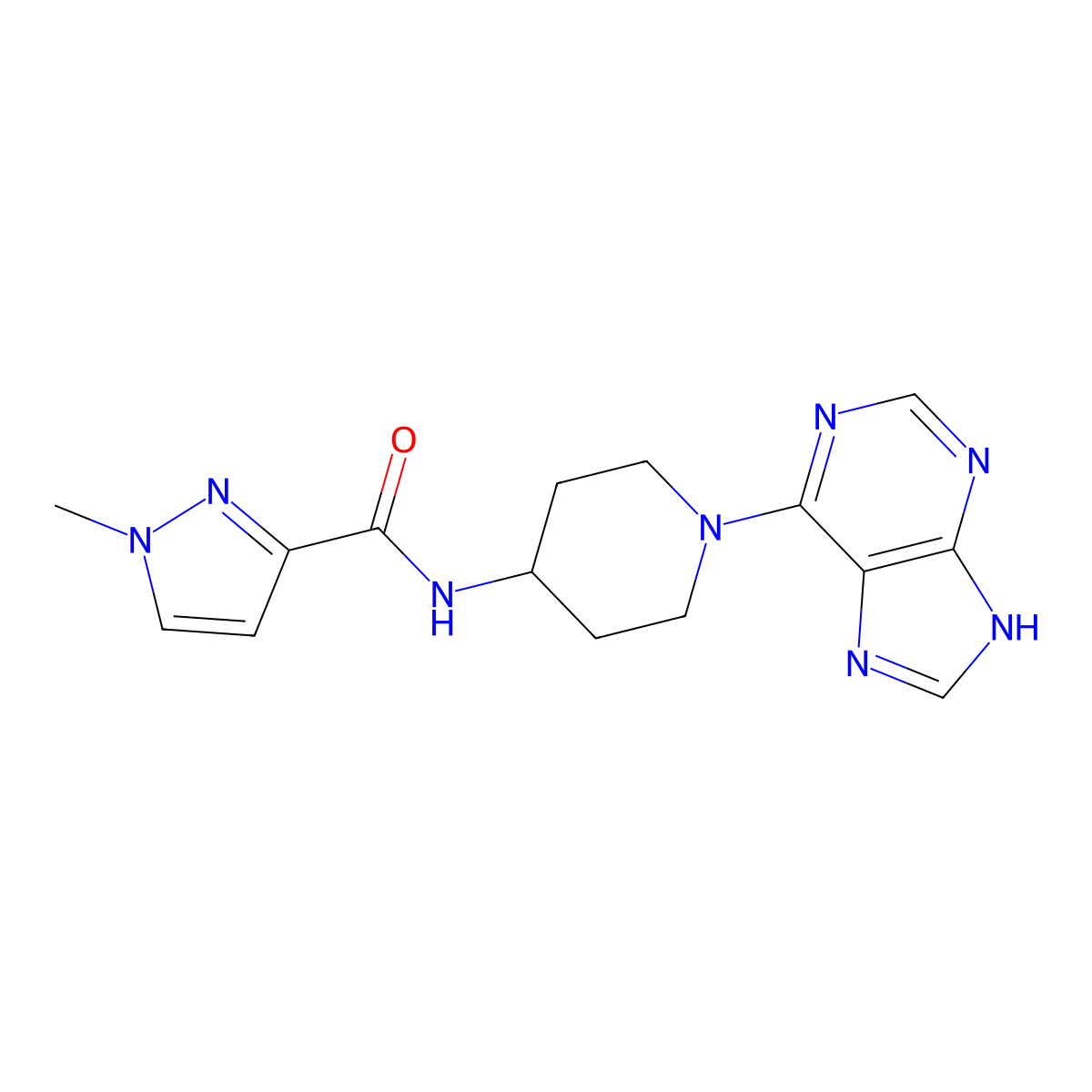 1-methyl-N-[1-(9H-purin-6-yl)piperidin-4-yl]-1H-pyrazole-3-carboxamide molecular structure, CAS 3030810-98-8
