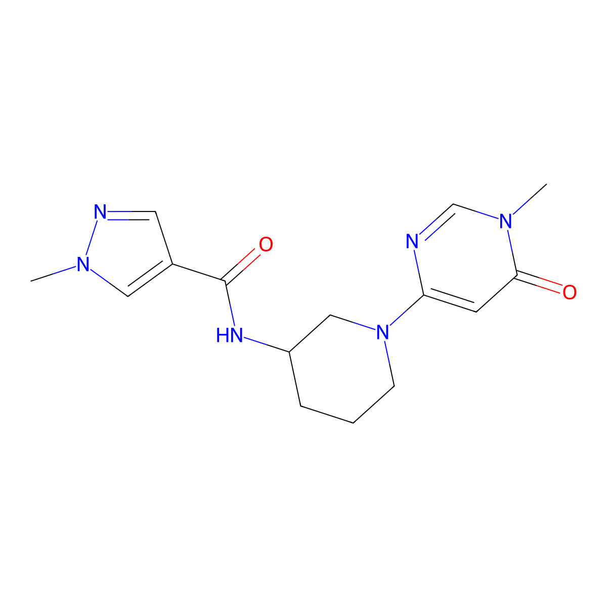 1-methyl-N-[1-(1-methyl-6-oxo-1,6-dihydropyrimidin-4-yl)piperidin-3-yl]-1H-pyrazole-4-carboxamide molecular structure, CAS 3030811-18-5