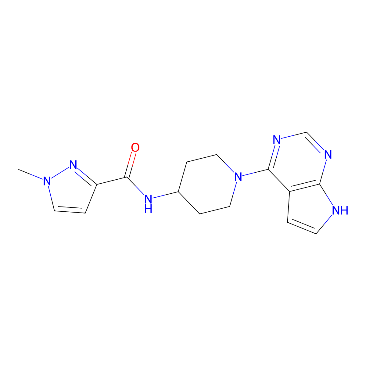 1-methyl-N-(1-{7H-pyrrolo[2,3-d]pyrimidin-4-yl}piperidin-4-yl)-1H-pyrazole-3-carboxamide molecular structure, CAS 3030811-21-0