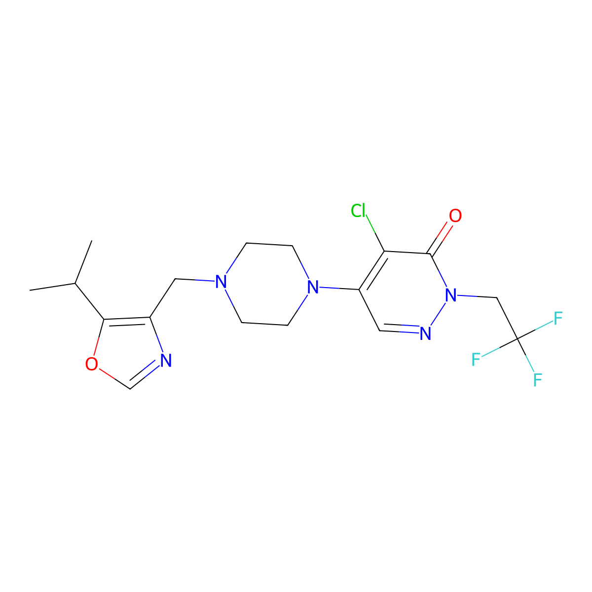 4-Chloro-5-(4-{[5-(propan-2-yl)-1,3-oxazol-4-yl]methyl}piperazin-1-yl)-2-(2,2,2-trifluoroethyl)-2,3-dihydropyridazin-3-one molecular structure, CAS 3030811-27-6