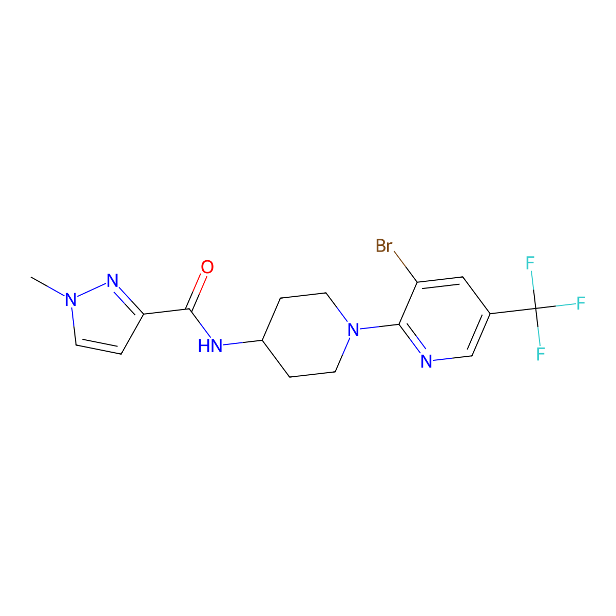 N-{1-[3-bromo-5-(trifluoromethyl)pyridin-2-yl]piperidin-4-yl}-1-methyl-1H-pyrazole-3-carboxamide molecular structure, CAS 3030811-31-2