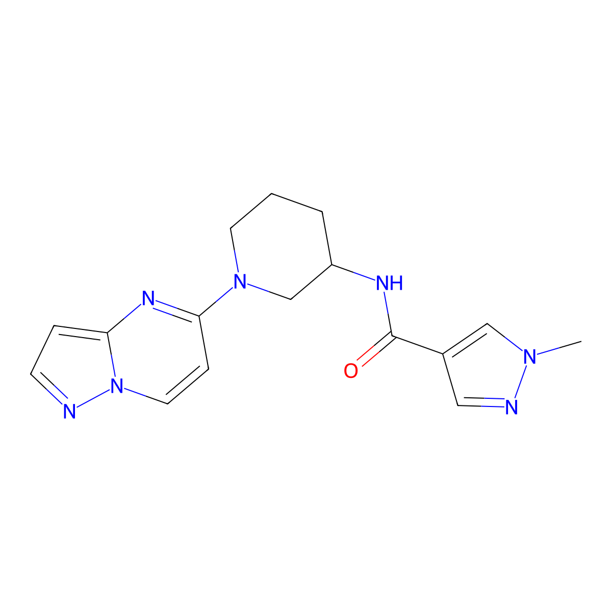 1-methyl-N-(1-{pyrazolo[1,5-a]pyrimidin-5-yl}piperidin-3-yl)-1H-pyrazole-4-carboxamide molecular structure, CAS 3030811-35-6