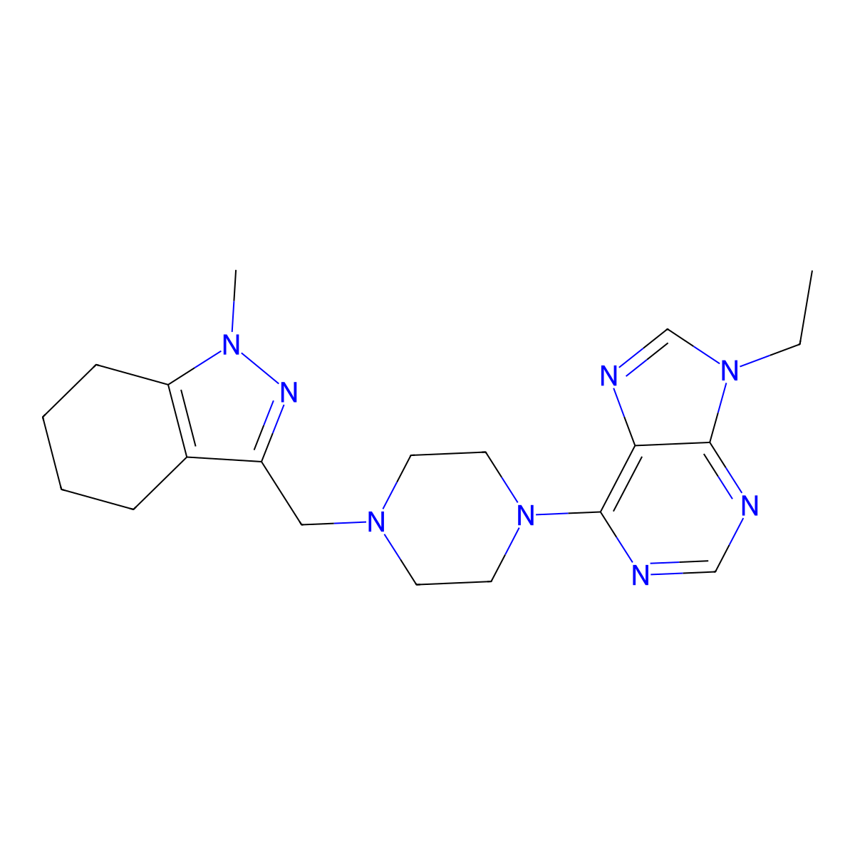 9-ethyl-6-{4-[(1-methyl-4,5,6,7-tetrahydro-1H-indazol-3-yl)methyl]piperazin-1-yl}-9H-purine molecular structure, CAS 3030811-60-7