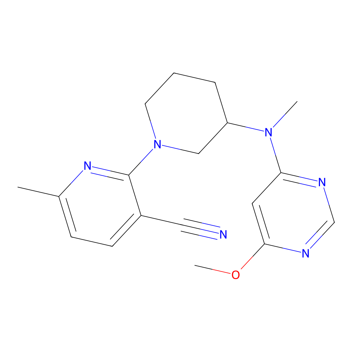 2-{3-[(6-Methoxypyrimidin-4-yl)(methyl)amino]piperidin-1-yl}-6-methylpyridine-3-carbonitrile molecular structure, CAS 3030811-71-0