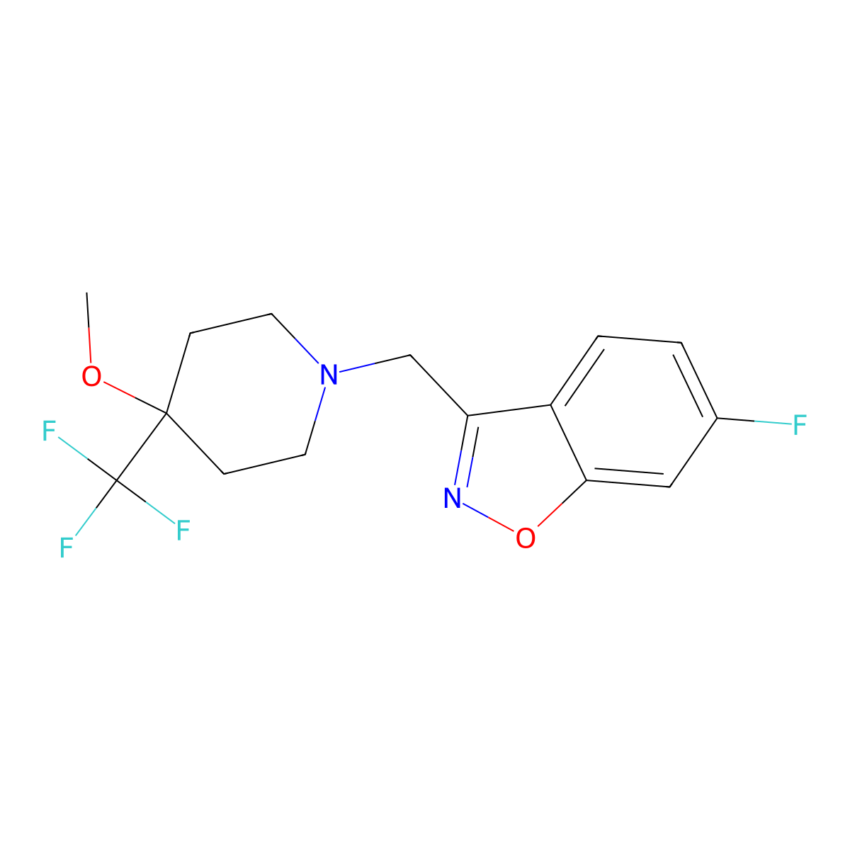 6-Fluoro-3-{[4-methoxy-4-(trifluoromethyl)piperidin-1-yl]methyl}-1,2-benzoxazole molecular structure, CAS 3030811-73-2