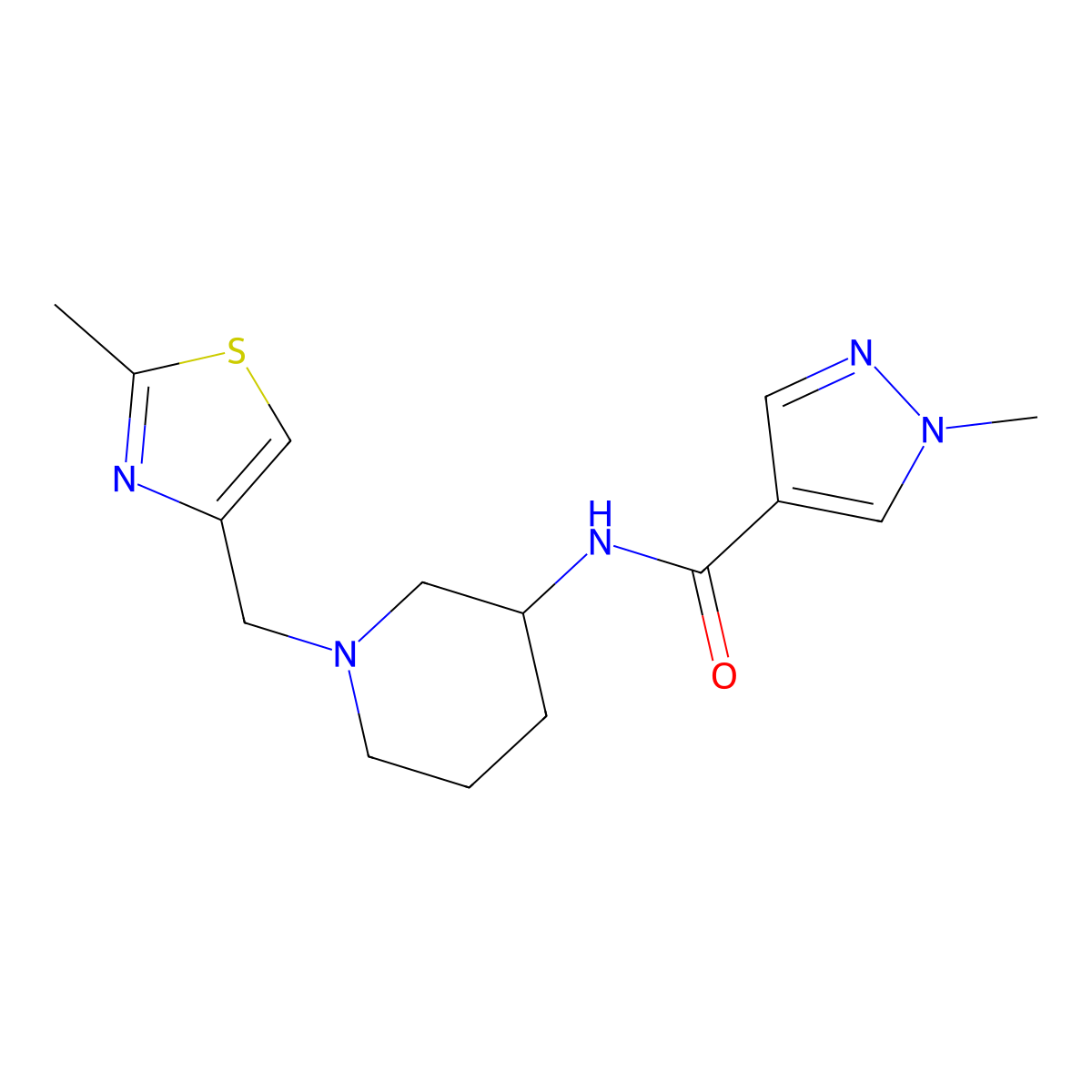 1-methyl-N-{1-[(2-methyl-1,3-thiazol-4-yl)methyl]piperidin-3-yl}-1H-pyrazole-4-carboxamide molecular structure, CAS 3030811-75-4