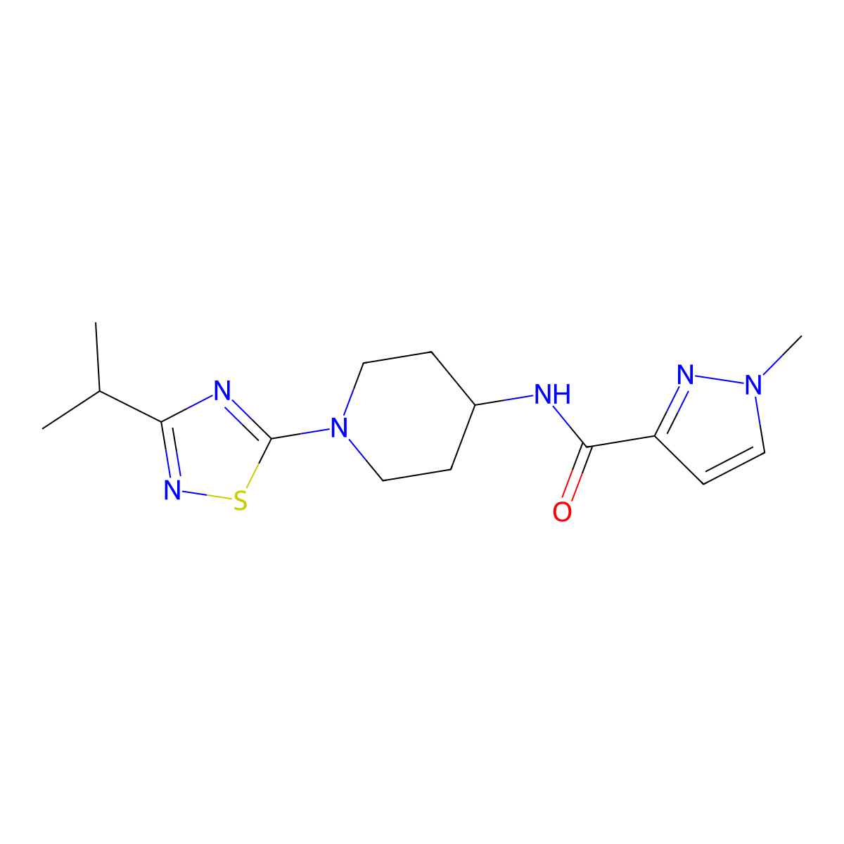 1-methyl-N-{1-[3-(propan-2-yl)-1,2,4-thiadiazol-5-yl]piperidin-4-yl}-1H-pyrazole-3-carboxamide molecular structure, CAS 3030811-78-7