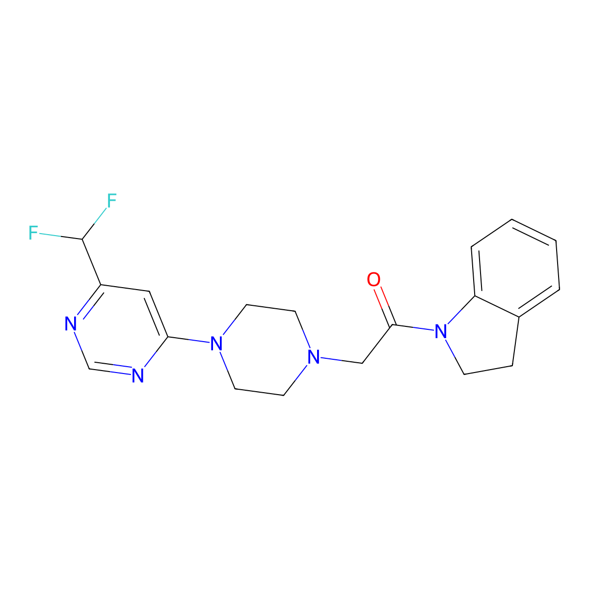 2-{4-[6-(difluoromethyl)pyrimidin-4-yl]piperazin-1-yl}-1-(2,3-dihydro-1H-indol-1-yl)ethan-1-one molecular structure, CAS 3030811-84-5