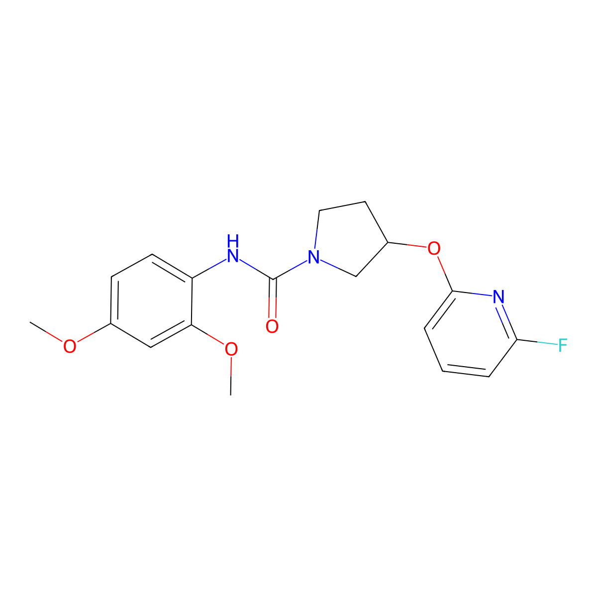N-(2,4-dimethoxyphenyl)-3-[(6-fluoropyridin-2-yl)oxy]pyrrolidine-1-carboxamide molecular structure, CAS 3030811-91-4