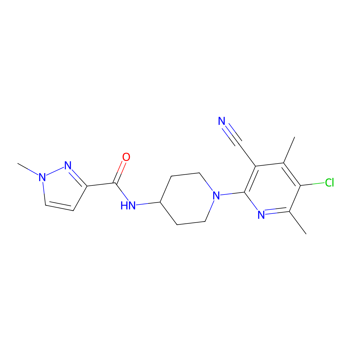 N-[1-(5-chloro-3-cyano-4,6-dimethylpyridin-2-yl)piperidin-4-yl]-1-methyl-1H-pyrazole-3-carboxamide molecular structure, CAS 3030812-01-9