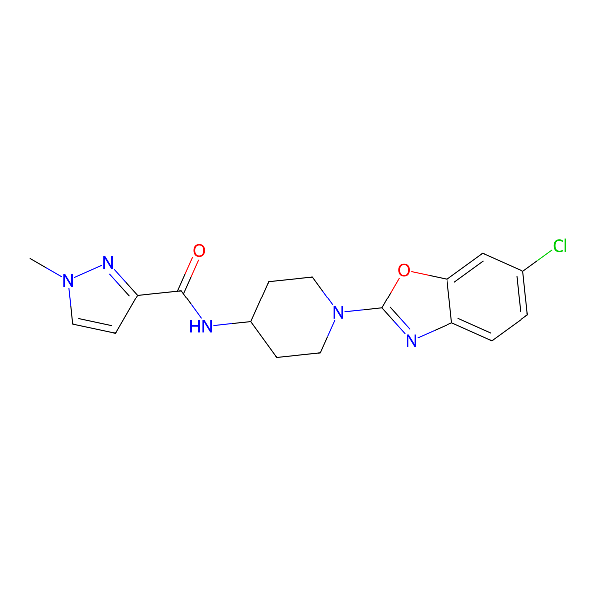 N-[1-(6-chloro-1,3-benzoxazol-2-yl)piperidin-4-yl]-1-methyl-1H-pyrazole-3-carboxamide molecular structure, CAS 3030812-07-5