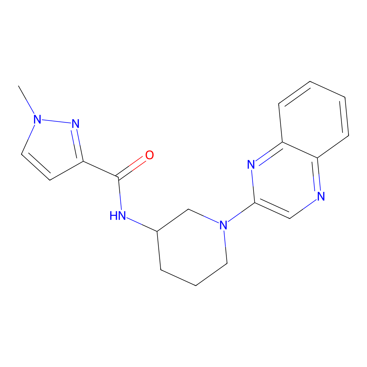 1-methyl-N-[1-(quinoxalin-2-yl)piperidin-3-yl]-1H-pyrazole-3-carboxamide molecular structure, CAS 3030812-10-0