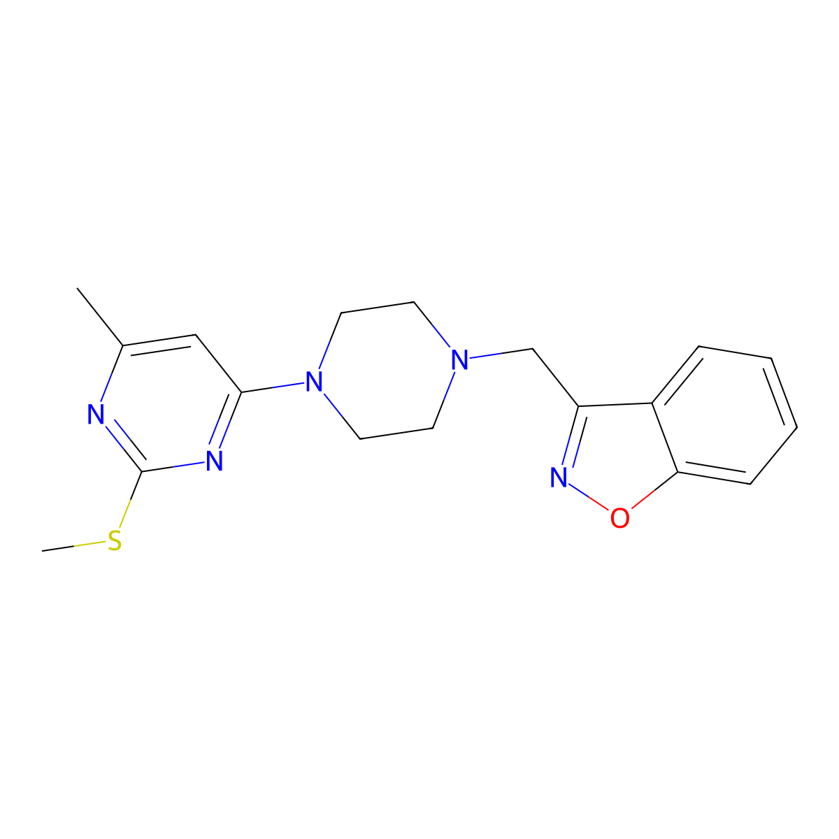 3-({4-[6-Methyl-2-(methylsulfanyl)pyrimidin-4-yl]piperazin-1-yl}methyl)-1,2-benzoxazole molecular structure, CAS 3030812-12-2