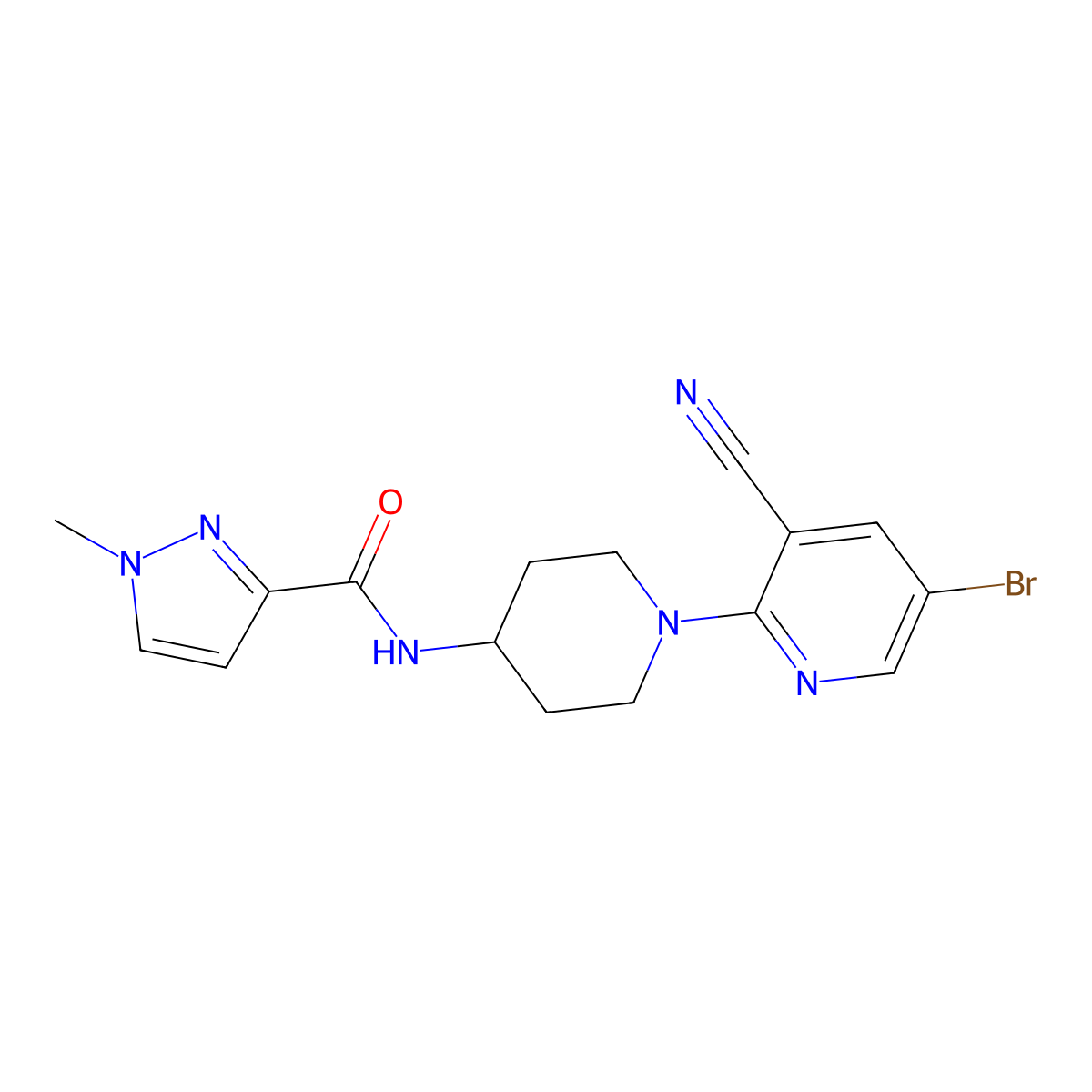 N-[1-(5-bromo-3-cyanopyridin-2-yl)piperidin-4-yl]-1-methyl-1H-pyrazole-3-carboxamide molecular structure, CAS 3030812-14-4